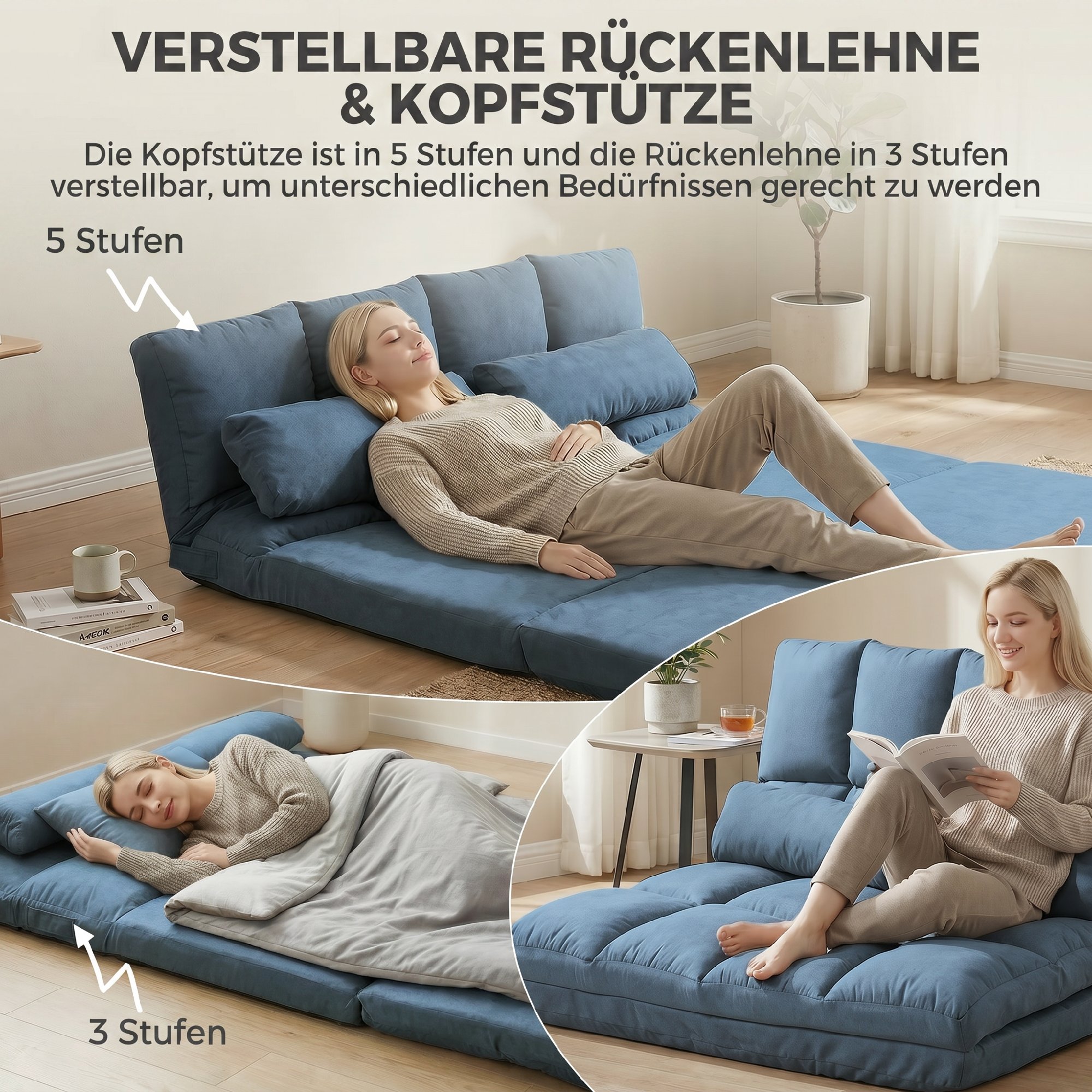 Sulankstoma grindų sofa su reguliuojamu atlošu, mėlyna, 102cm 3