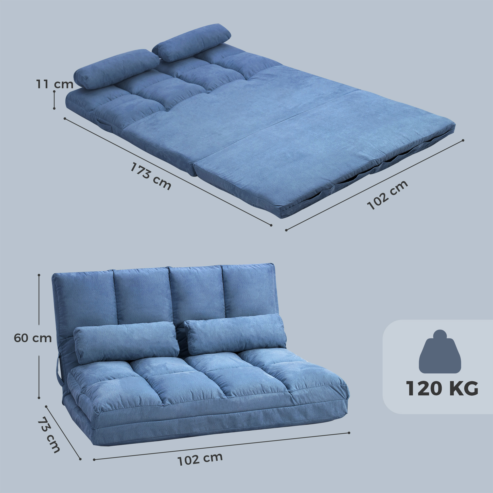 Sulankstoma grindų sofa su reguliuojamu atlošu, mėlyna, 102cm 2