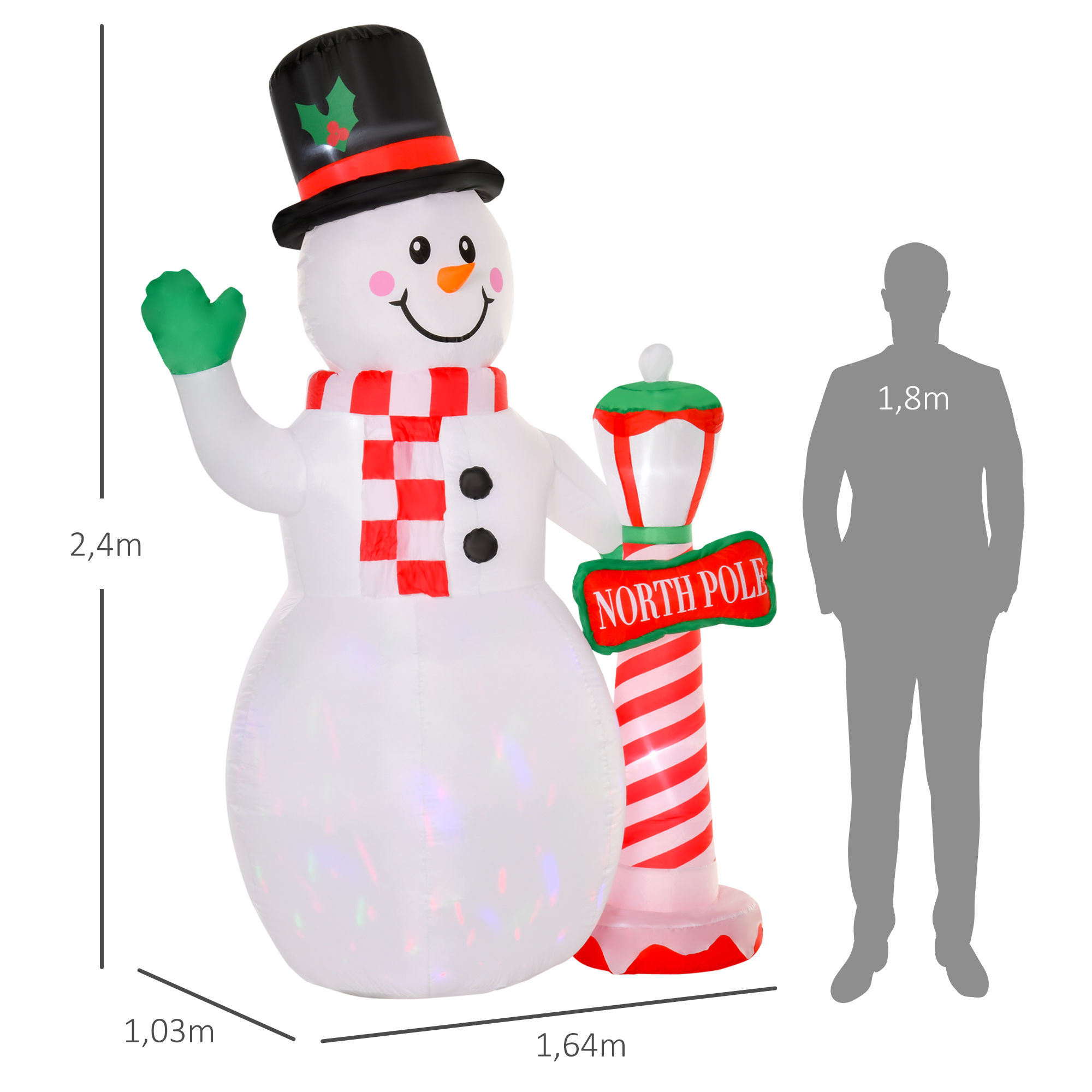 Pripučiama Kalėdų dekoracija – sniego senis su žibintu ir LED apšvietimu, balta, 164 × 103 × 240 cm 2