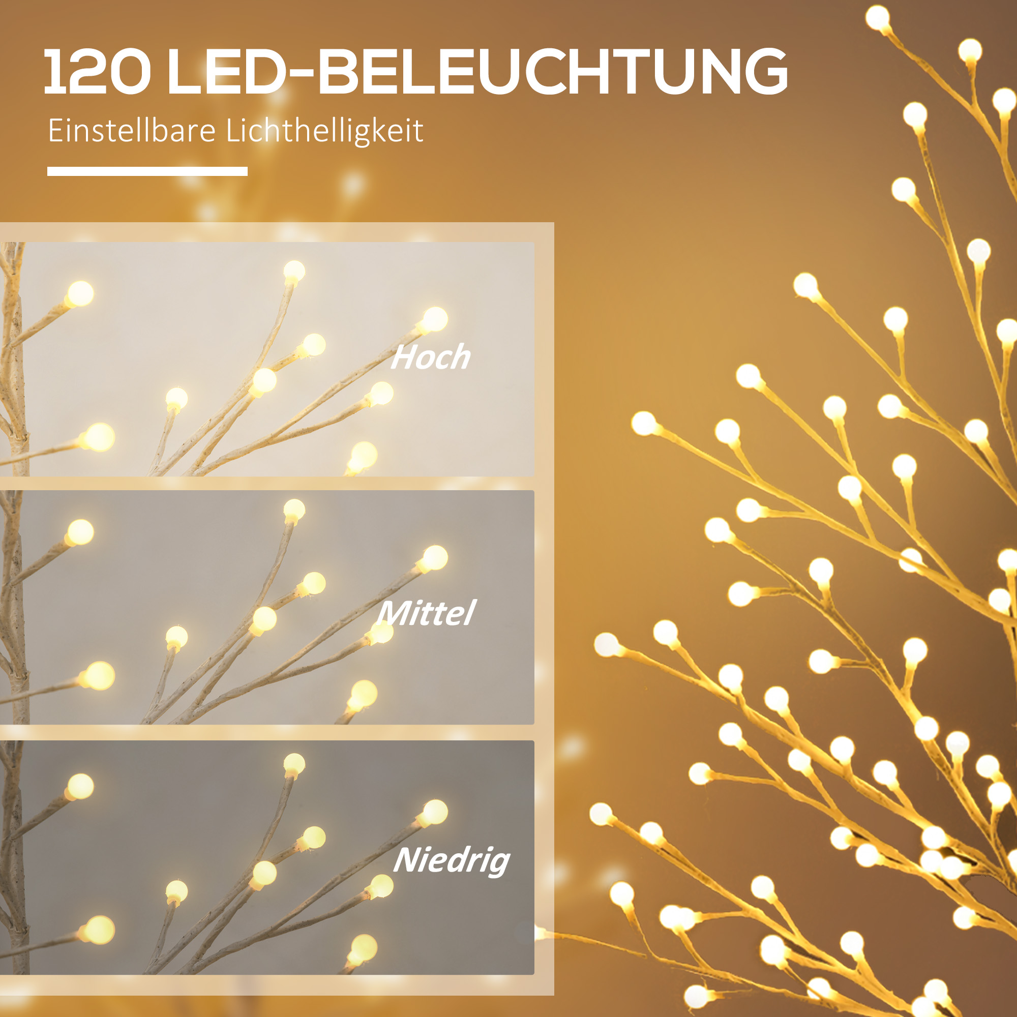 LED šviečiantis medis su 120 LED lempučių ir 3 ryškumo lygiais, baltas, 20 × 20 × 150 cm 3