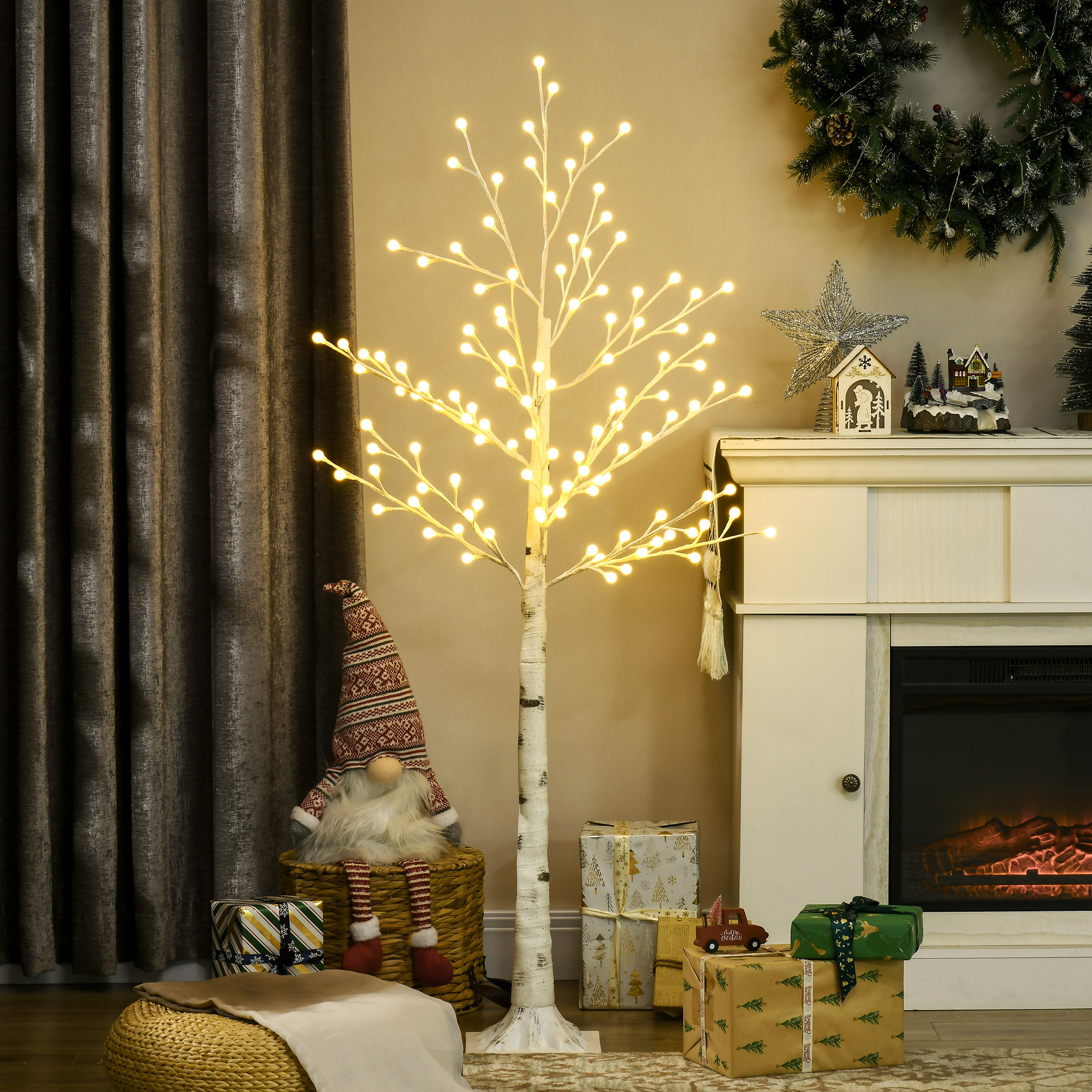LED šviečiantis medis su 120 LED lempučių ir 3 ryškumo lygiais, baltas, 20 × 20 × 150 cm