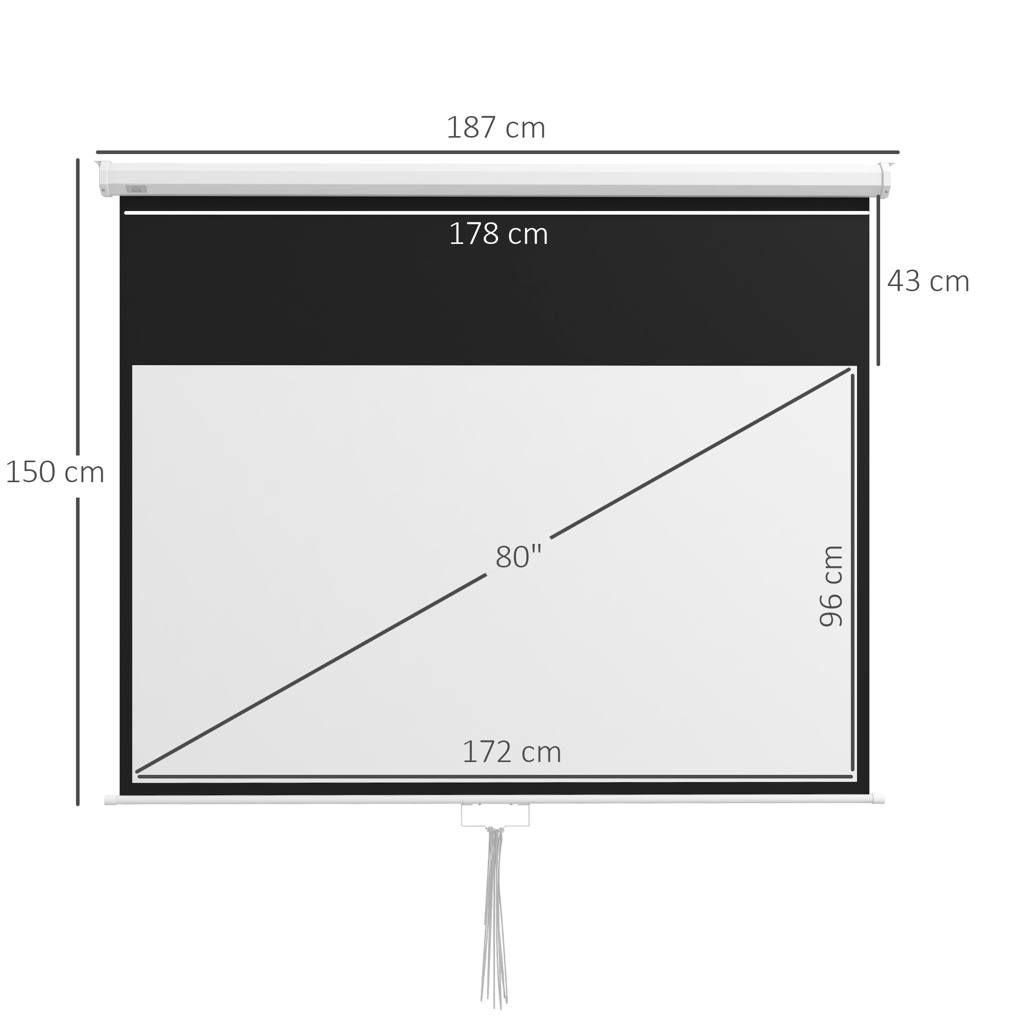 Projekcinis ekranas 16:9, rankinio aukščio reguliavimo, baltas, 187 × 8 × 150 cm 2