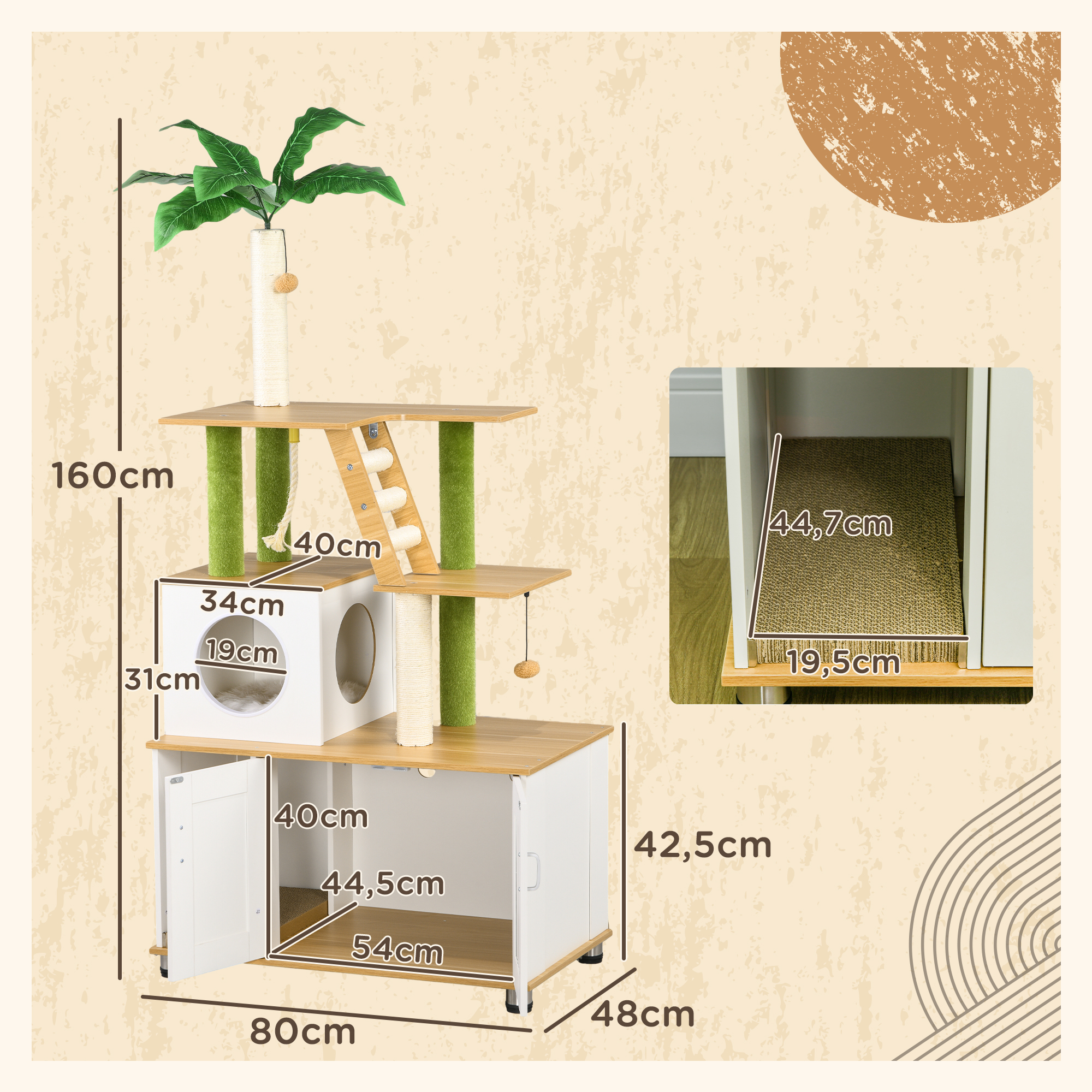 Kačių tualeto spintelė su draskykle, žalia, 80 × 48 × 160 cm 2