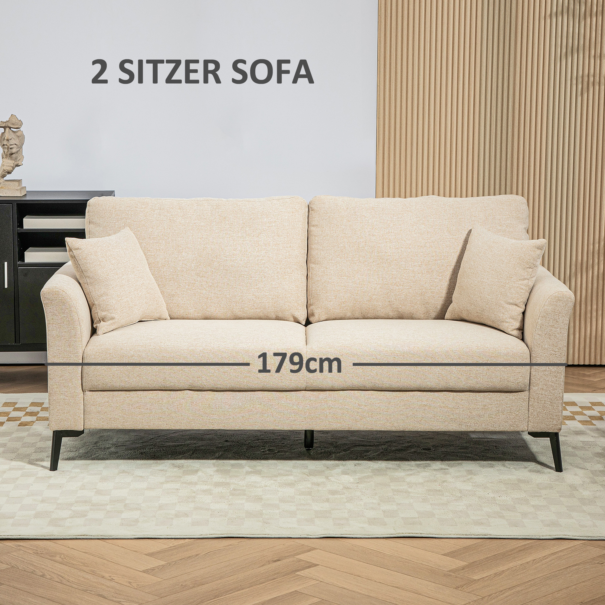 Dvivietė sofa su nuimamomis pagalvėmis ir storu paminkštinimu, smėlinės spalvos , 179 x 80 x 89 cm 3