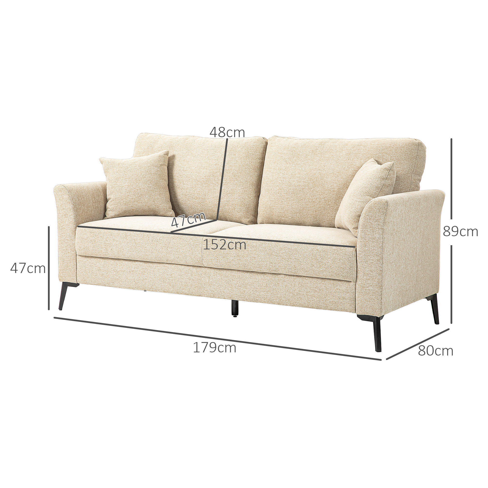 Dvivietė sofa su nuimamomis pagalvėmis ir storu paminkštinimu, smėlinės spalvos , 179 x 80 x 89 cm 2