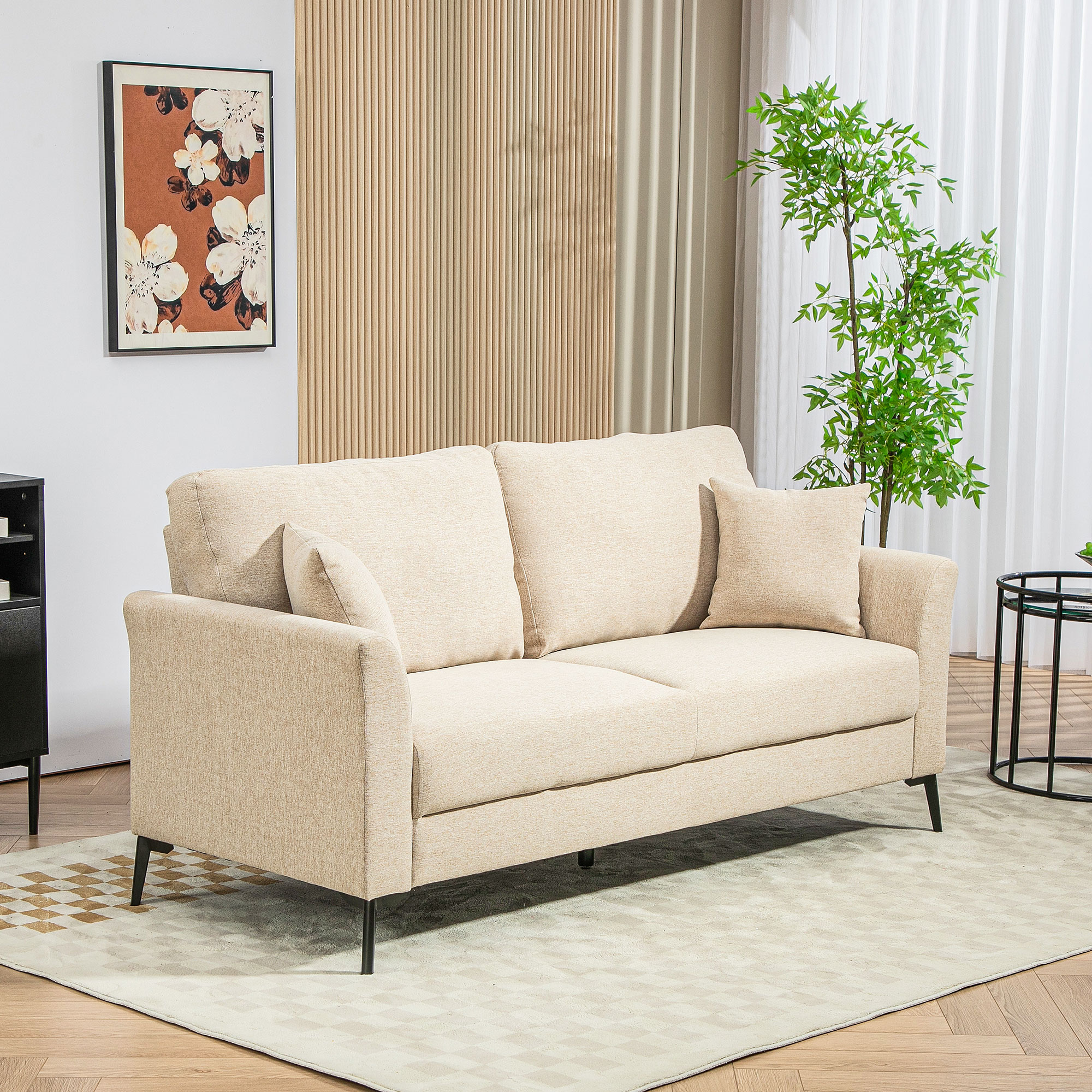 Dvivietė sofa su nuimamomis pagalvėmis ir storu paminkštinimu, smėlinės spalvos , 179 x 80 x 89 cm