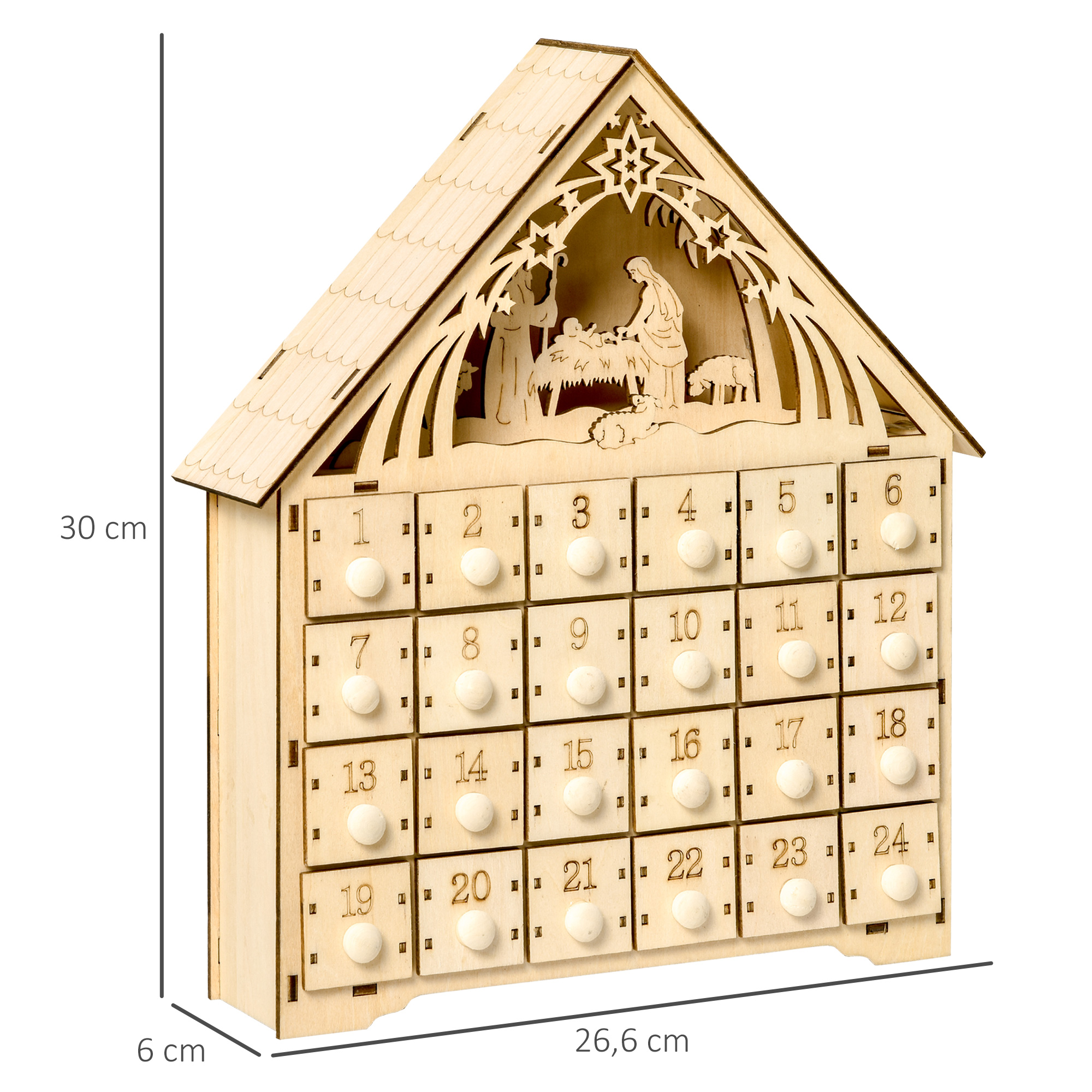 Advento kalendorius su LED apšvietimu ir 24 stalčiais, natūralios spalvos, 26,6 × 6 × 30 cm 2