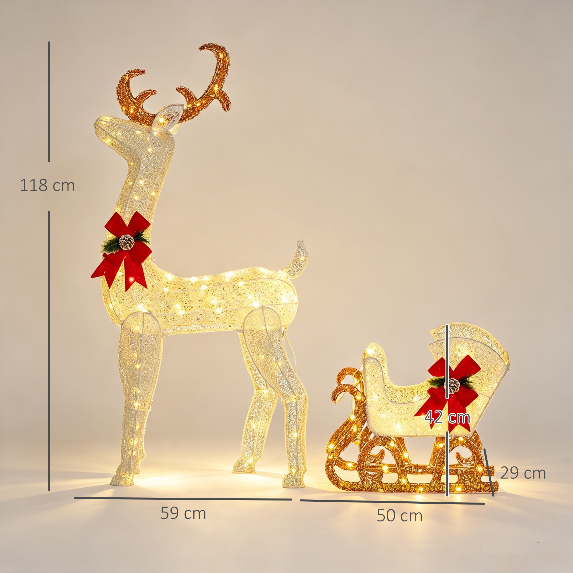 LED kalėdinė dekoracija elnias su rogėmis, 170 šiltai baltų LED, balta ir raudona, 50 × 29 × 42 cm 2