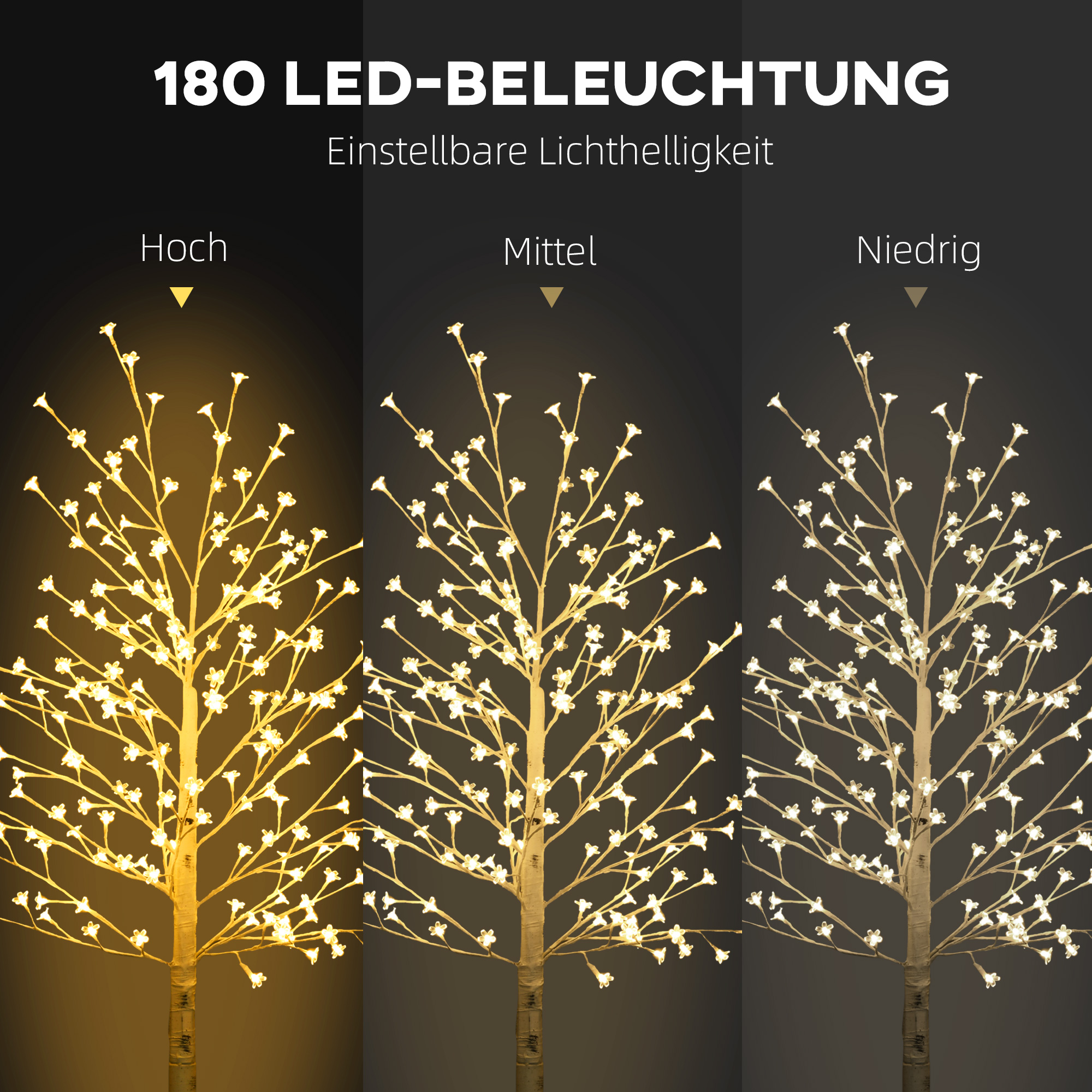 LED dekoratyvinis medis su 180 LED ir 3 ryškumo lygiais, baltas, 21,5 x 21,5 x 180 cm 3