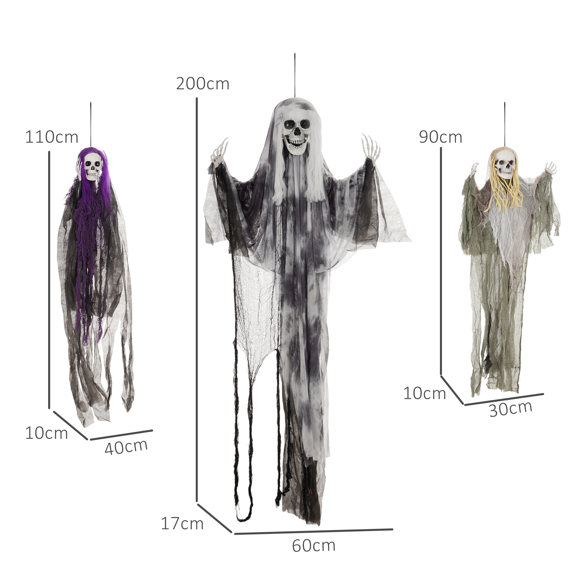 Pakabinamos skeleto vaiduoklių dekoracijos reguliuojamomis rankomis, įvairiaspalvės, 40 × 10 × 110 cm, 30 × 10 × 90 cm, 60 × 17 × 200 cm, 3 vnt. 2