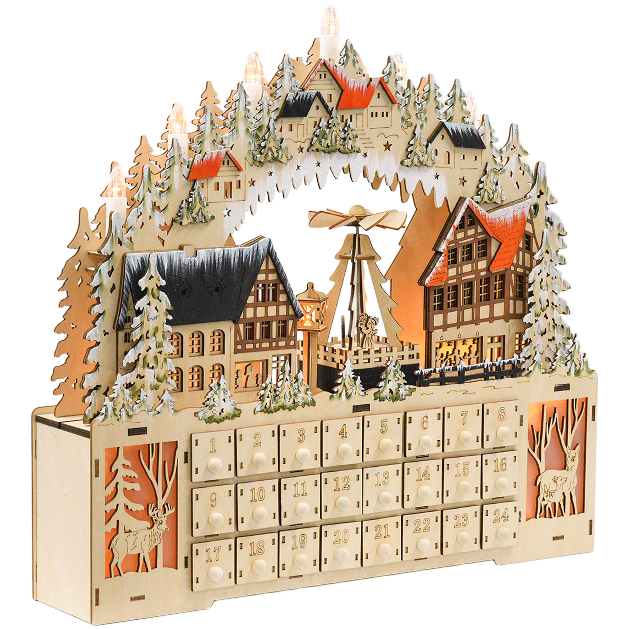 Adventa kalendārs ar 18 LED spuldzītēm un 24 atvilktnītēm, dabīga koka krāsā, 45 × 9 × 42,5 cm