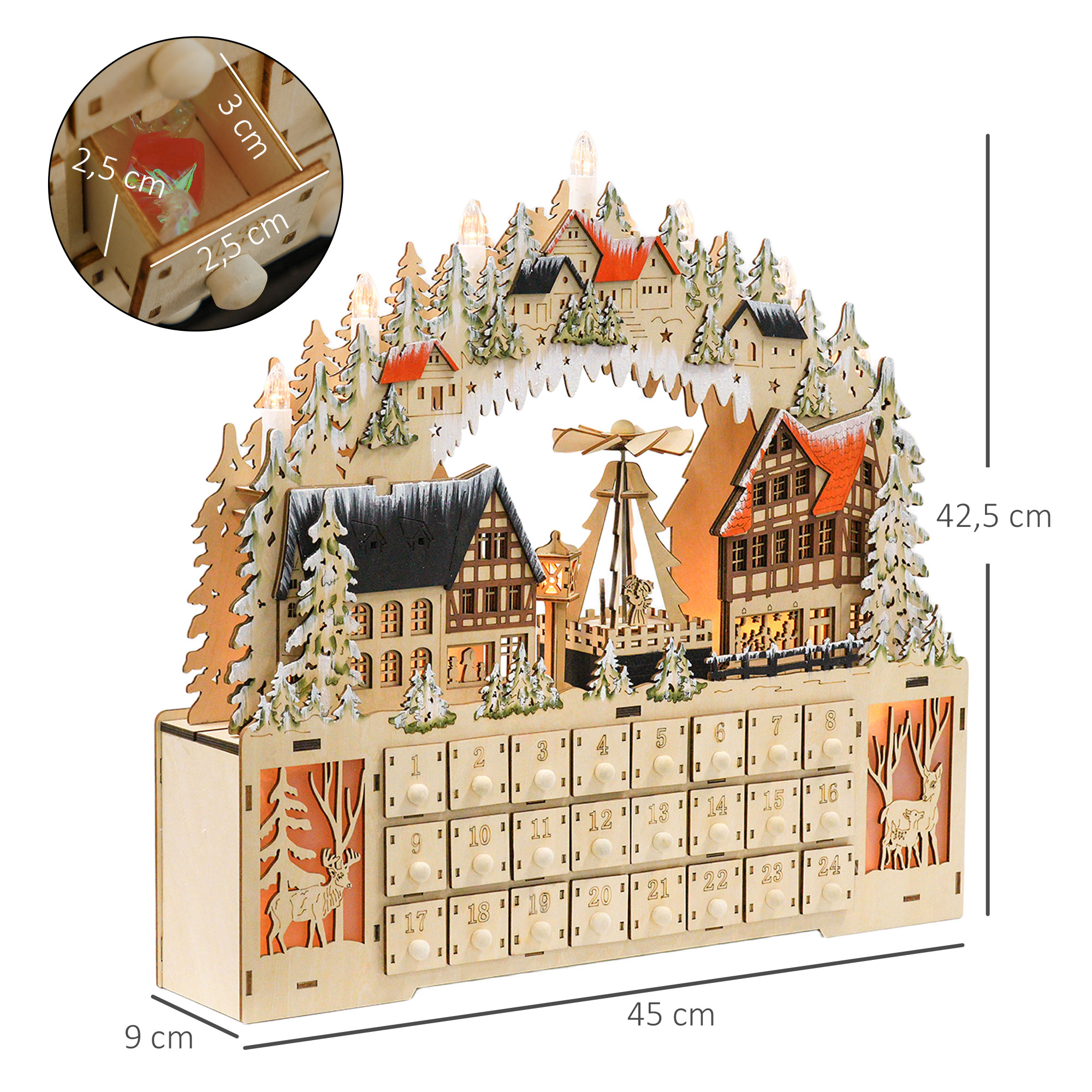 Adventa kalendārs ar 18 LED spuldzītēm un 24 atvilktnītēm, dabīga koka krāsā, 45 × 9 × 42,5 cm 2