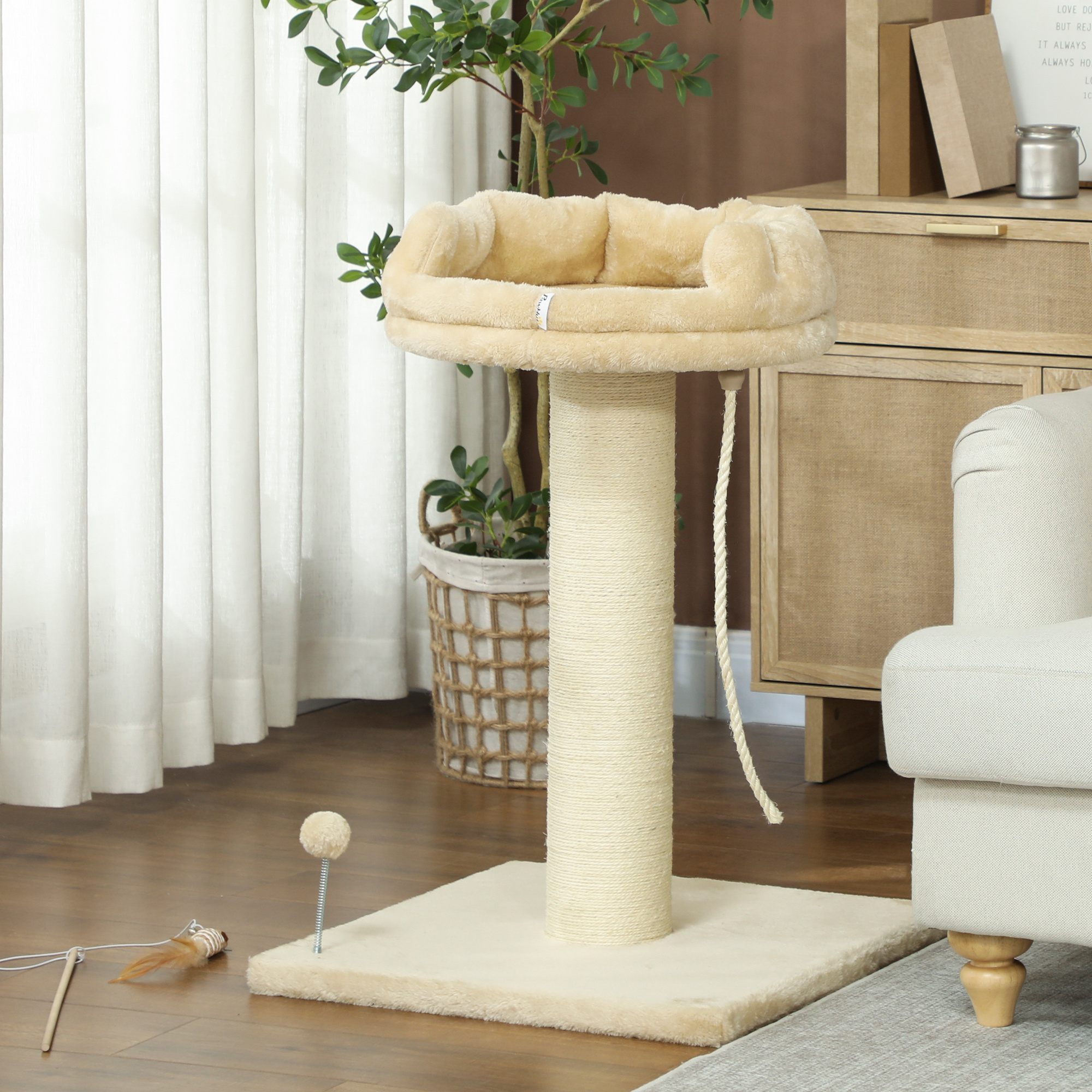 Kačių draskyklė su guoliu ir žaislu, kreminė, 83 cm