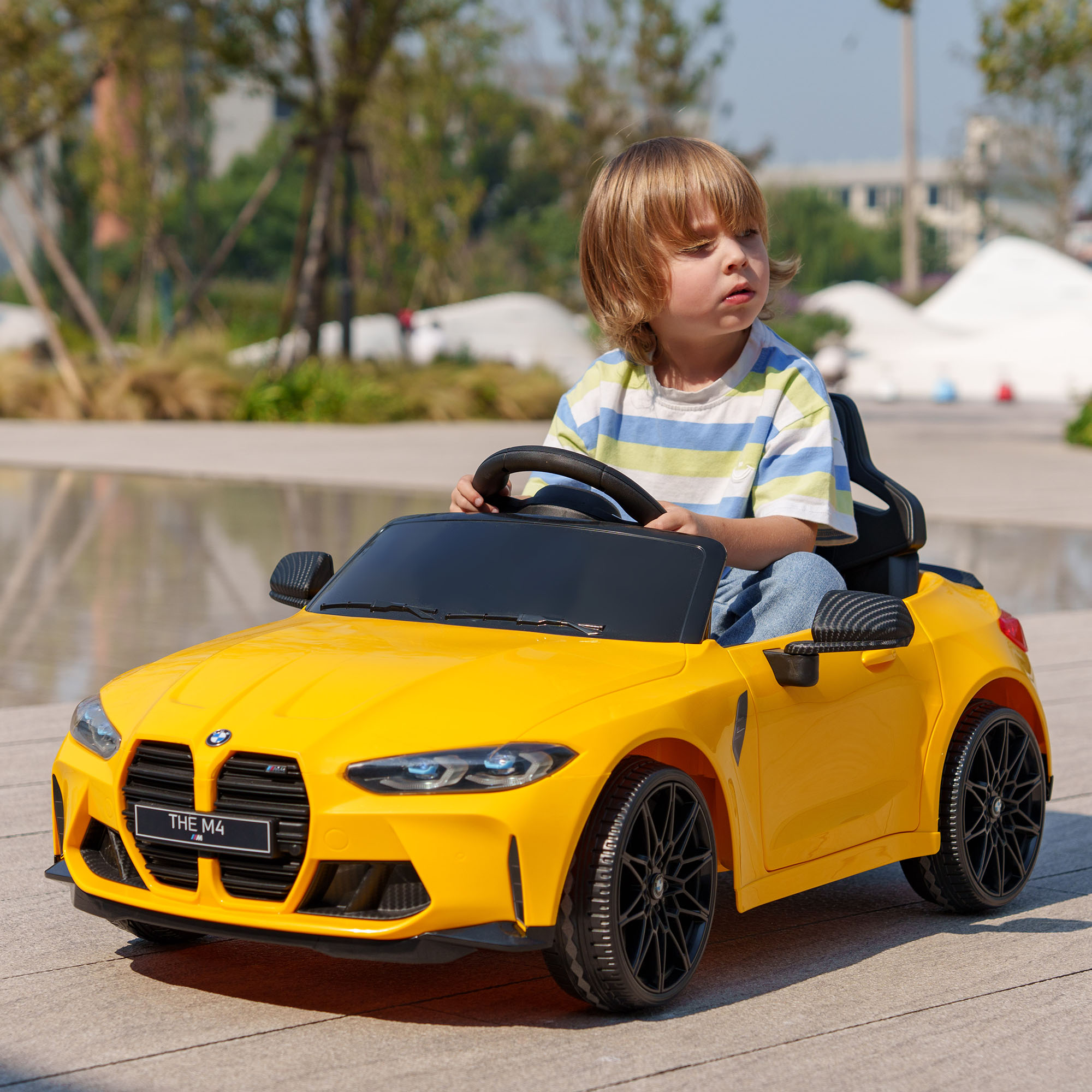 Vaikiškas elektromobilis BMW M4, su nuotolinio valdymo pultu, geltonas, 108 × 69,5 × 51 cm