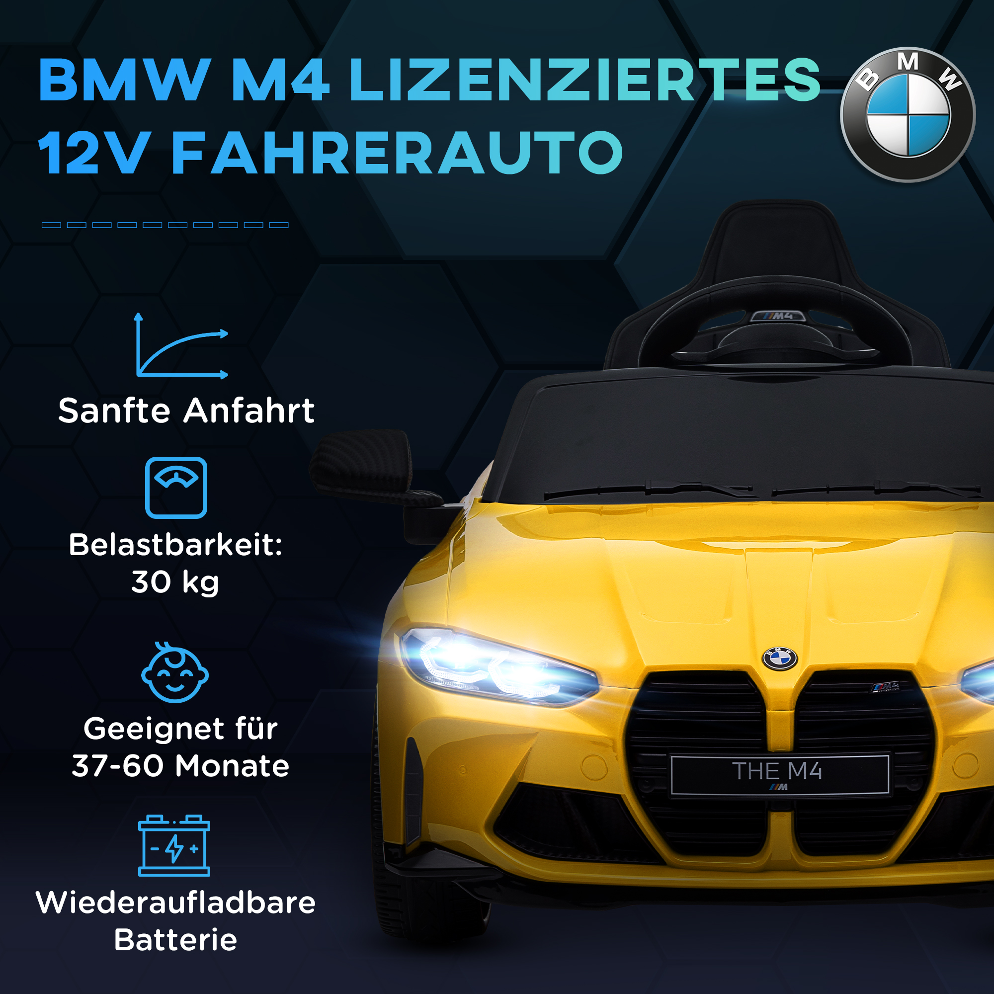 Vaikiškas elektromobilis BMW M4, su nuotolinio valdymo pultu, geltonas, 108 × 69,5 × 51 cm 3