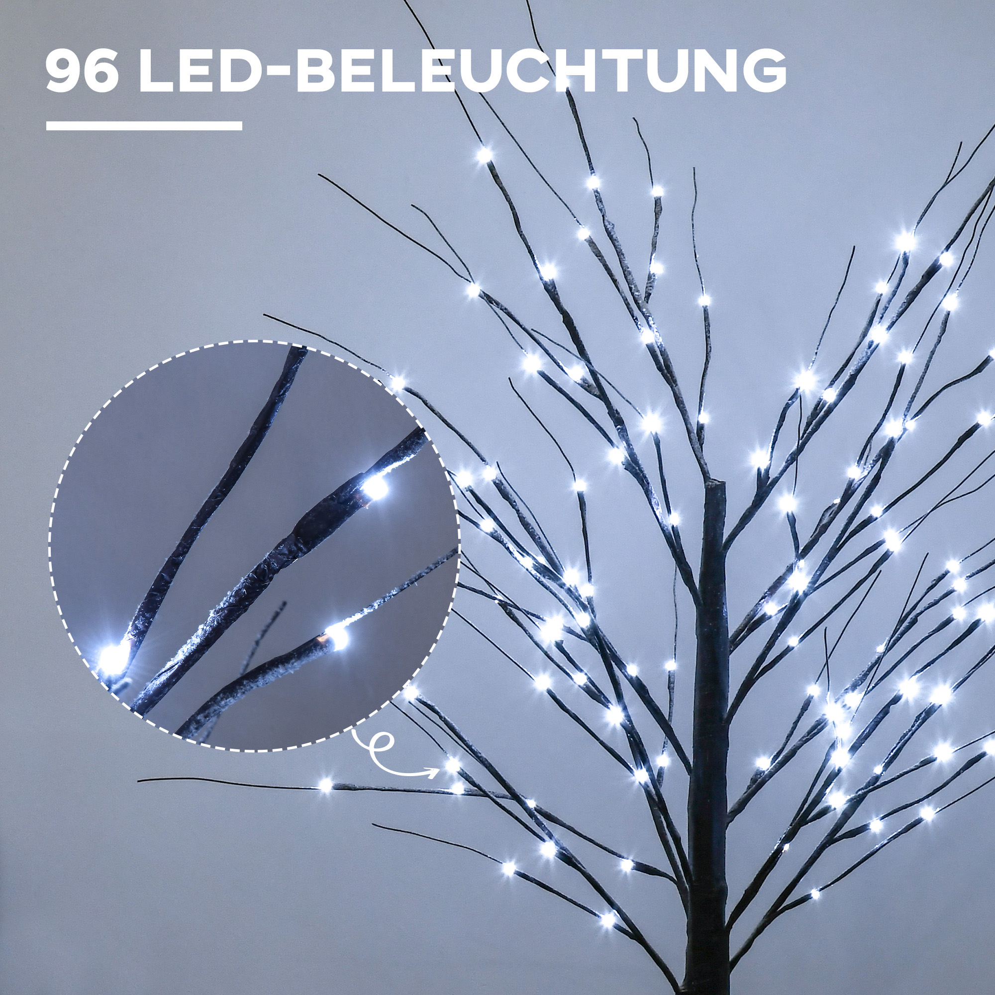 LED dekoratyvinis beržas su 96 šaltai baltomis mikro-LED, rudas, 22 × 22 × 150 cm 3