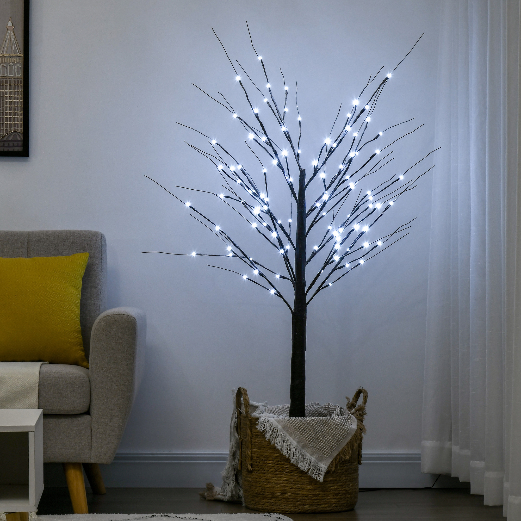 LED dekoratyvinis beržas su 96 šaltai baltomis mikro-LED, rudas, 22 × 22 × 150 cm