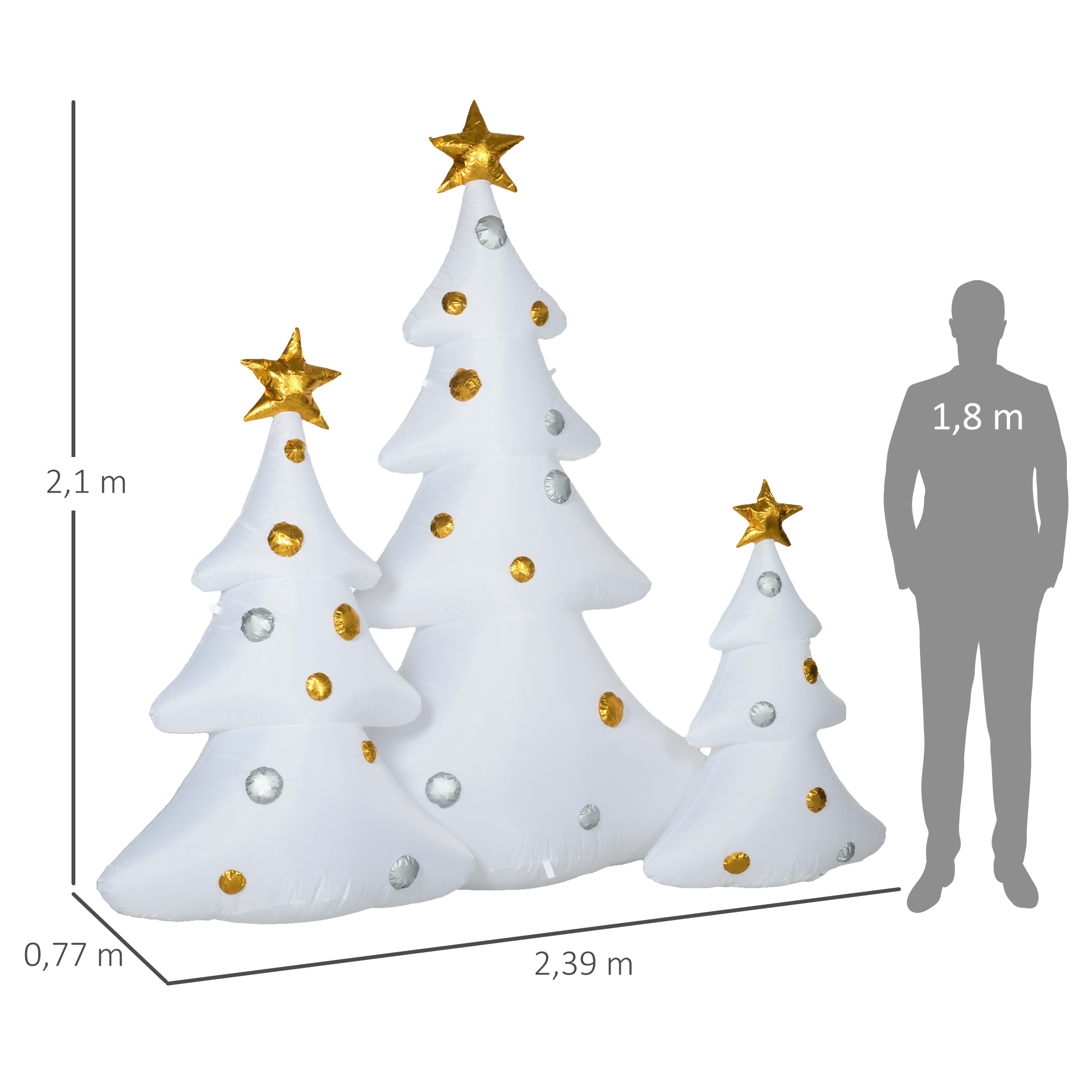 Pripučiama kalėdinių eglučių dekoracija su LED apšvietimu, 3 vnt., balta ir auksinė, 239 × 77 × 210 cm 2