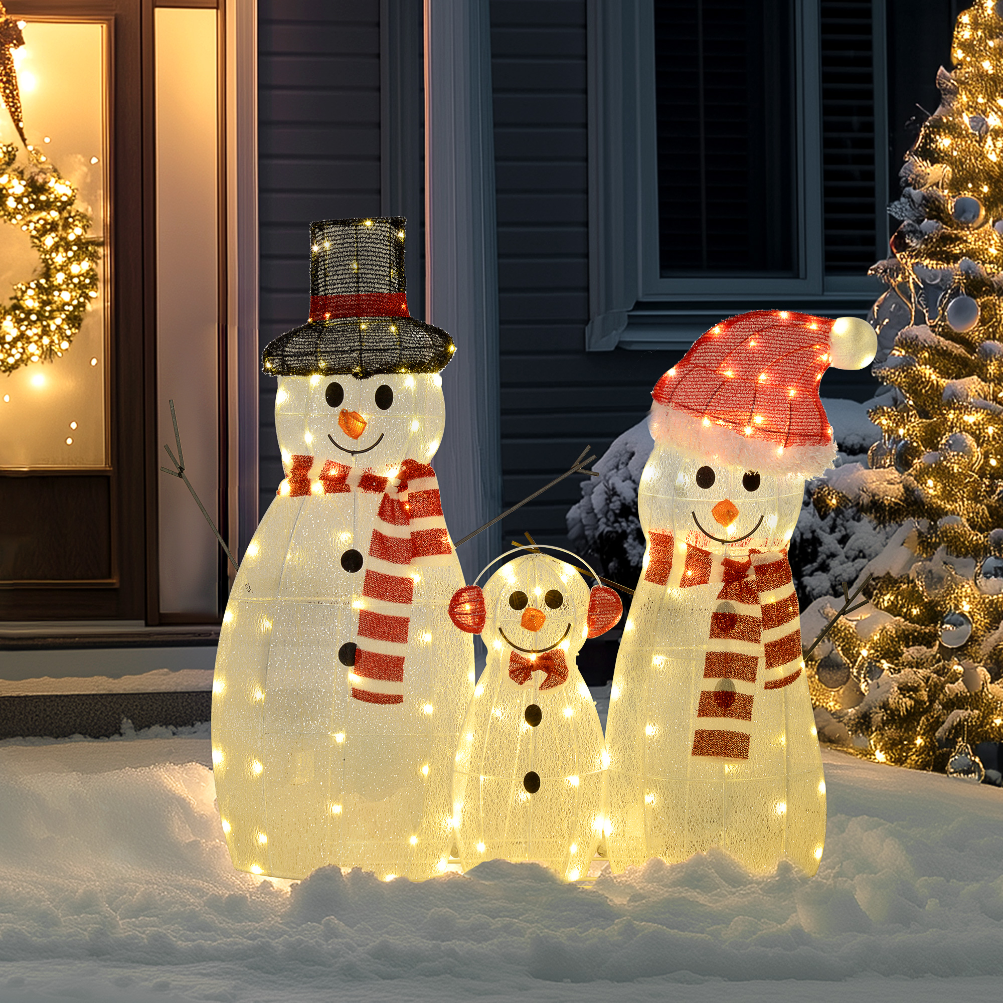 Kalėdinė LED dekoracija „Sniego senių šeima“, 148 LED, balta, 67 × 34 × 93 cm / 51 × 30 × 81 cm / 22 × 30 × 49 cm, 3 vnt.