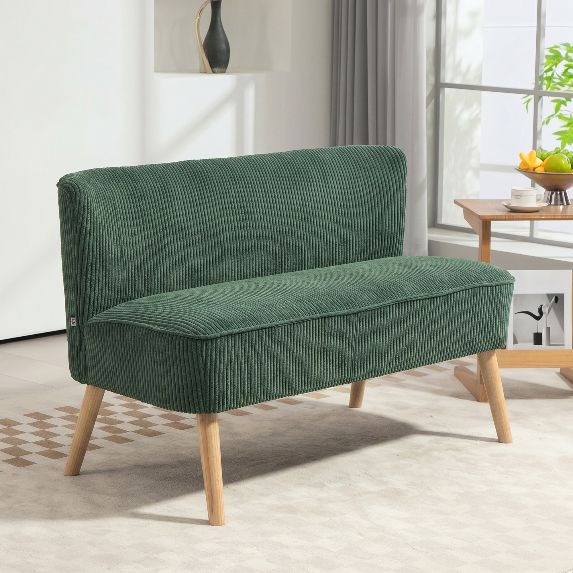 Dvivietė sofa su mediniu rėmu, žalia, 117 × 56,5 × 77 cm