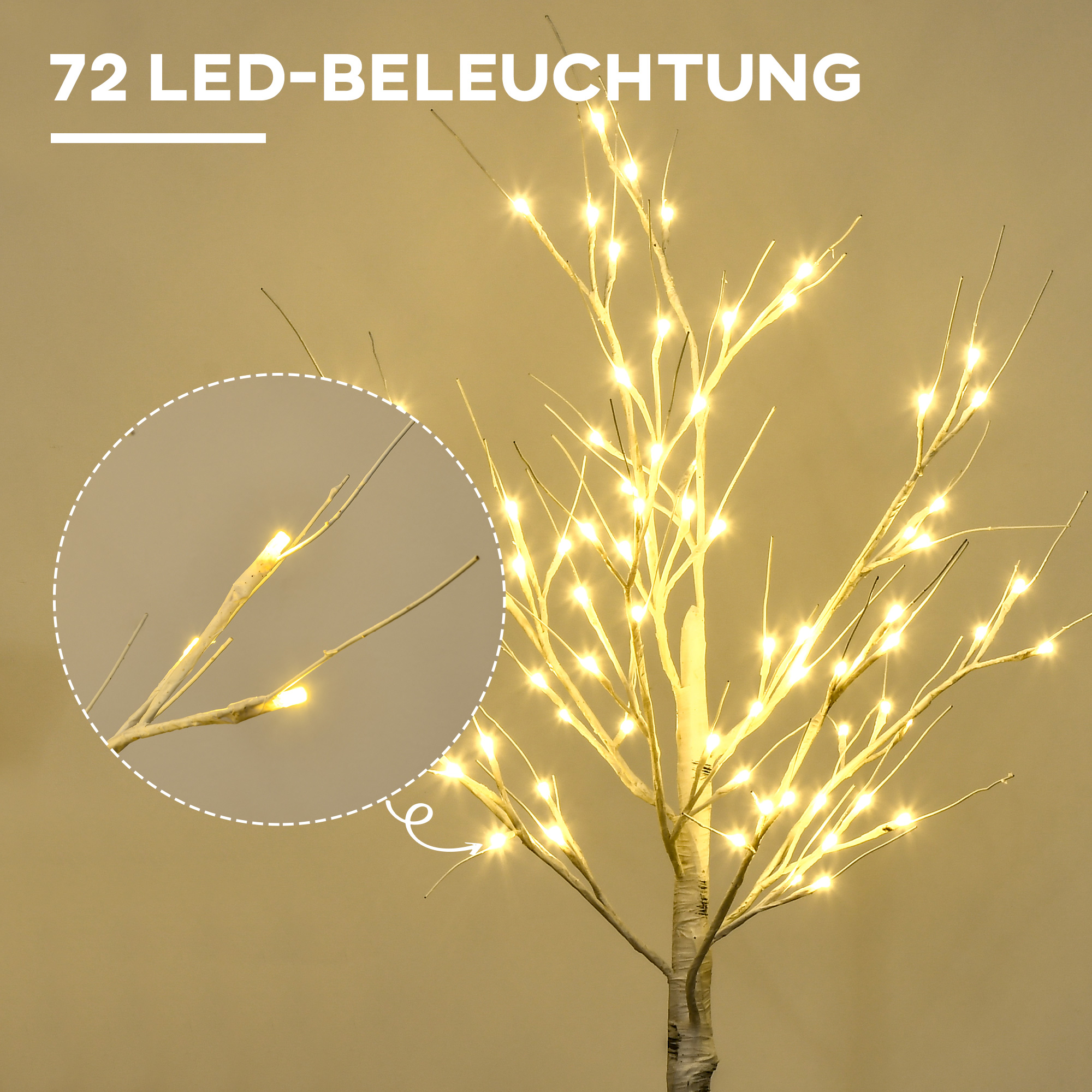 LED dirbtinis beržas su 72 šiltai baltomis LED lemputėmis, baltas, 17 x 17 x 120 cm 3