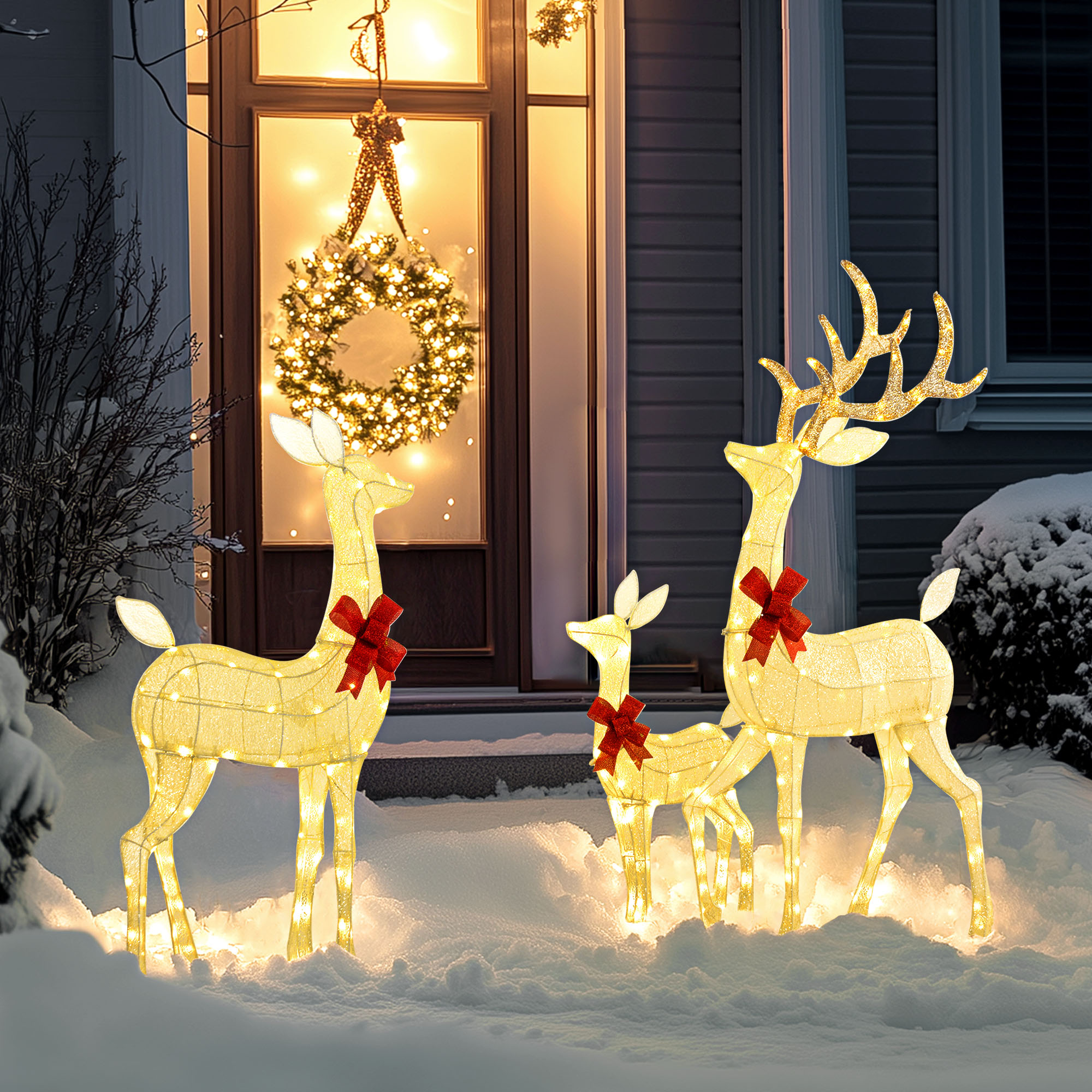 Ziemassvētku LED ziemeļbriežu ģimene, 283 LED spuldzes, sudraba, 64 × 37 × 134 cm / 71 × 23 × 112 cm / 45 × 17 × 70 cm, 3 gab.