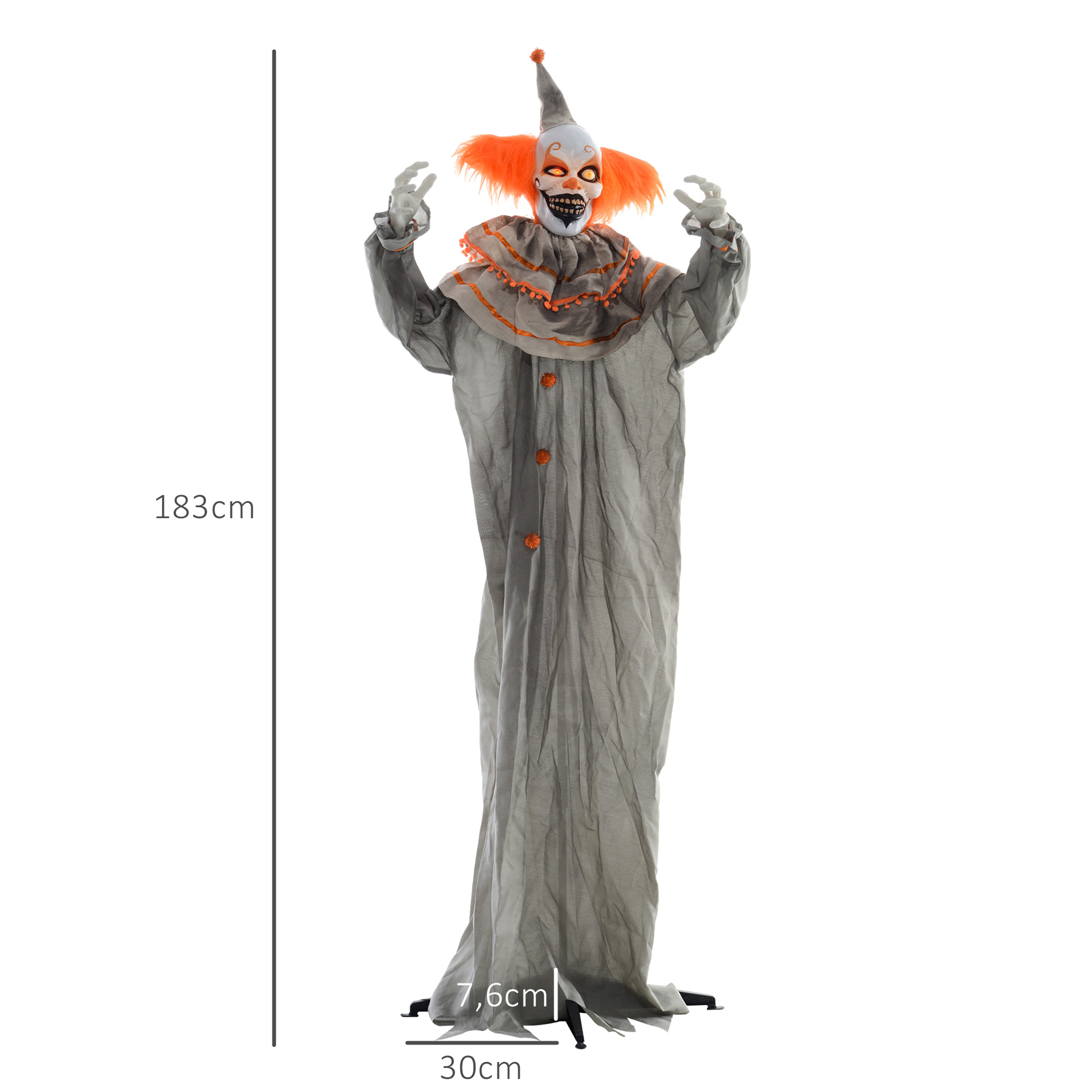 Helovīna klauna dekorācija ar lokanām rokām un skaņas un pieskāriena aktivāciju, oranža un pelēka, 65 × 18 × 183 cm 2