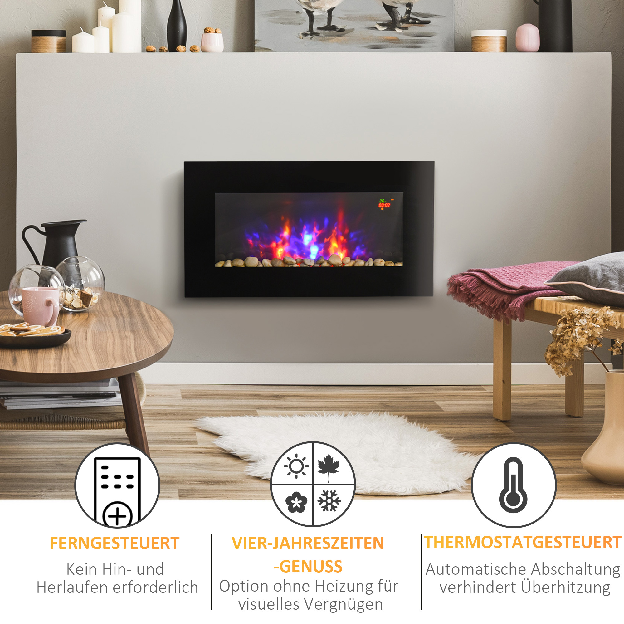 Elektrinis sieninis židinys 1000/2000 W, LED liepsnos efektas, juodas, 72,5 × 11,5 × 40 cm 3