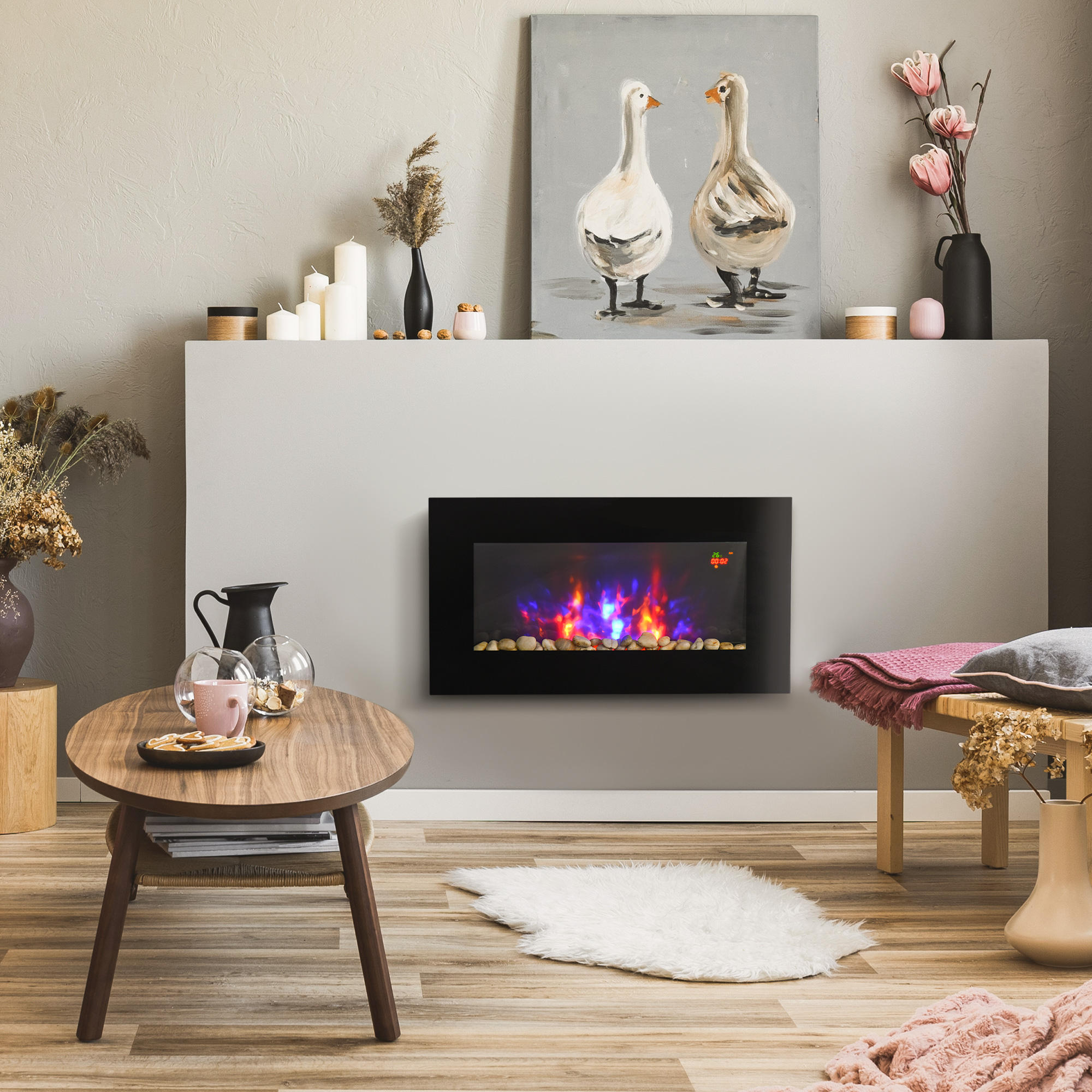 Elektrinis sieninis židinys 1000/2000 W, LED liepsnos efektas, juodas, 72,5 × 11,5 × 40 cm
