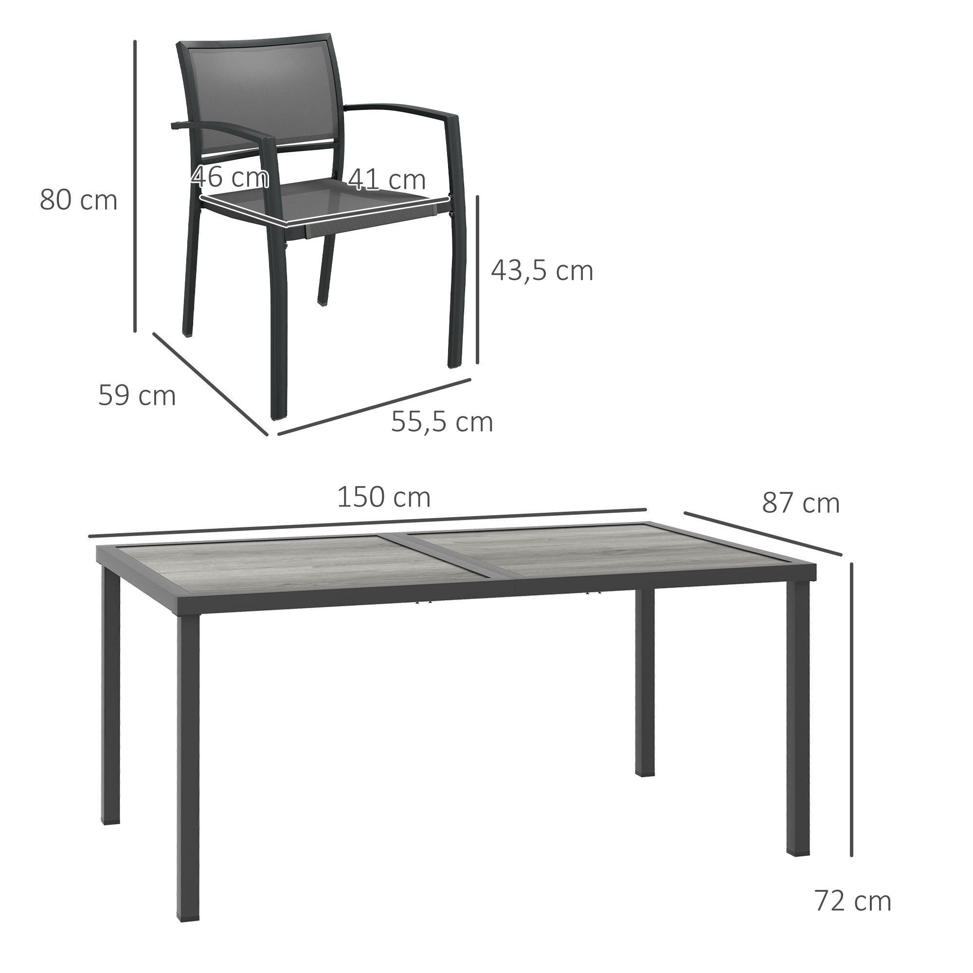 Lauko baldų komplektas su 4 sukraunamomis kėdėmis, pilkas, 150 × 87 × 72 cm 2