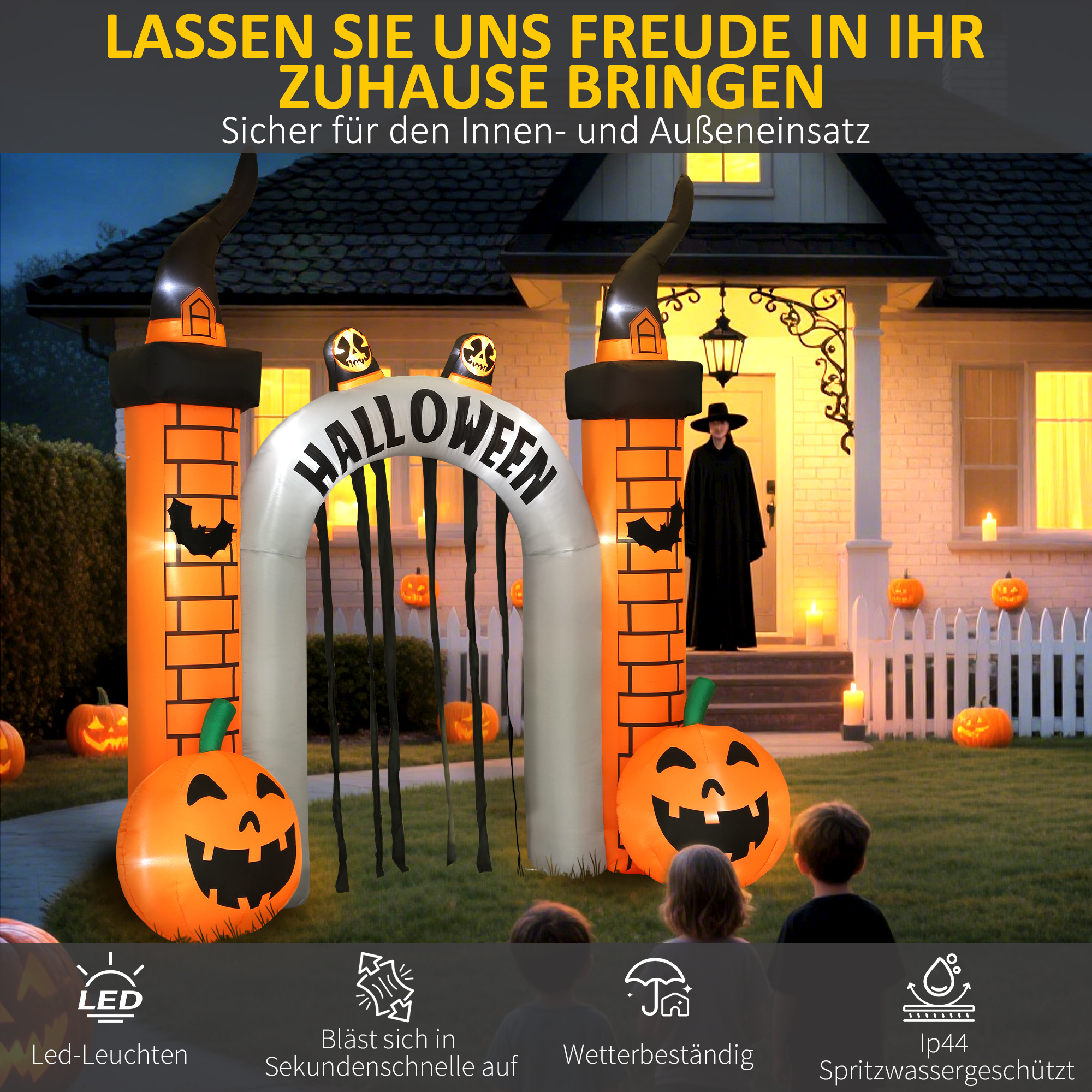Piepūšamais Helovīna vārtu arks ar ķirbju dizainu un LED apgaismojumu, oranžs, pelēks un melns, 325 × 105 × 322 cm 3