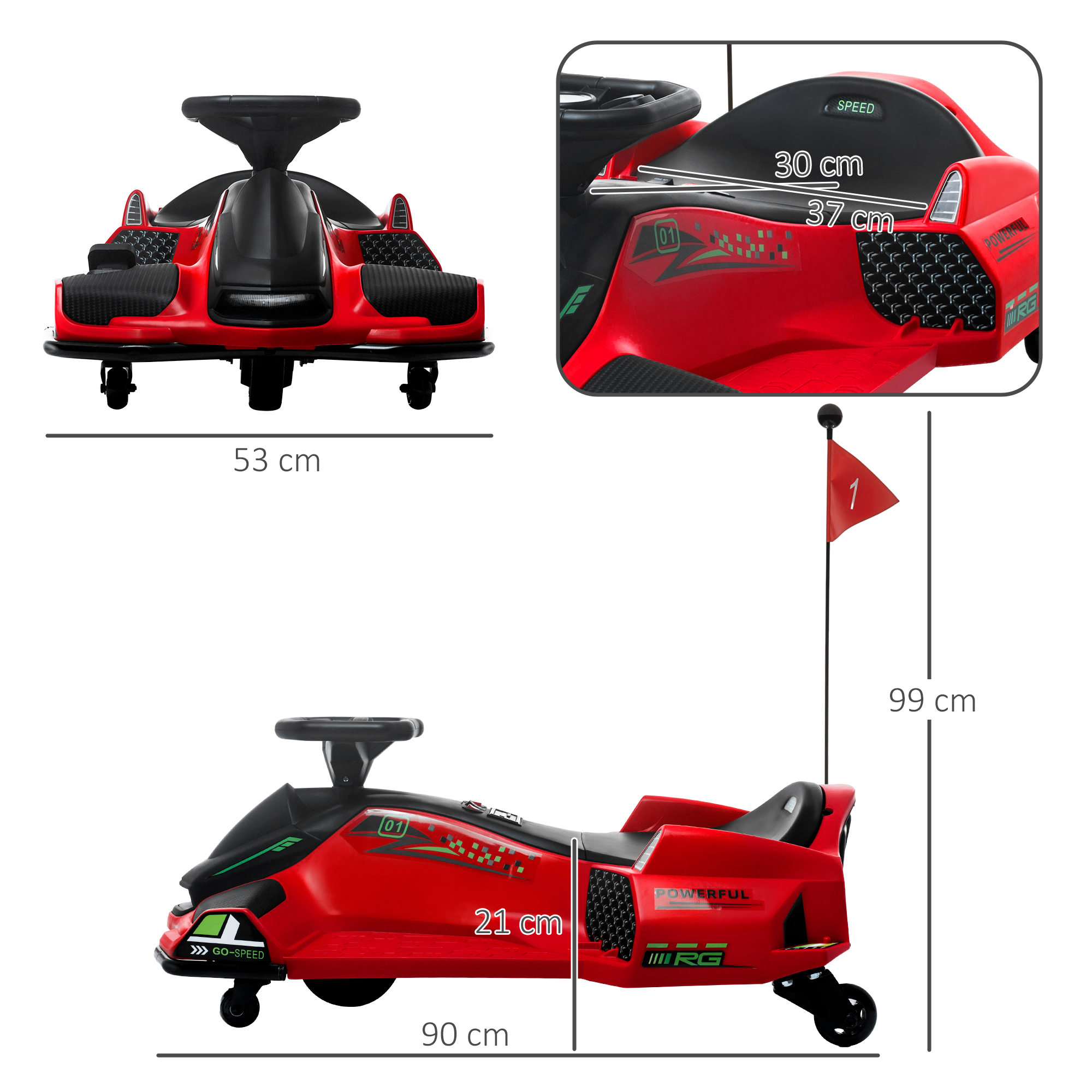 Vaikiškas elektrinis kartingas su dreifo funkcija, 3–8 km/h, raudonas, 90 × 53 × 99 cm 2