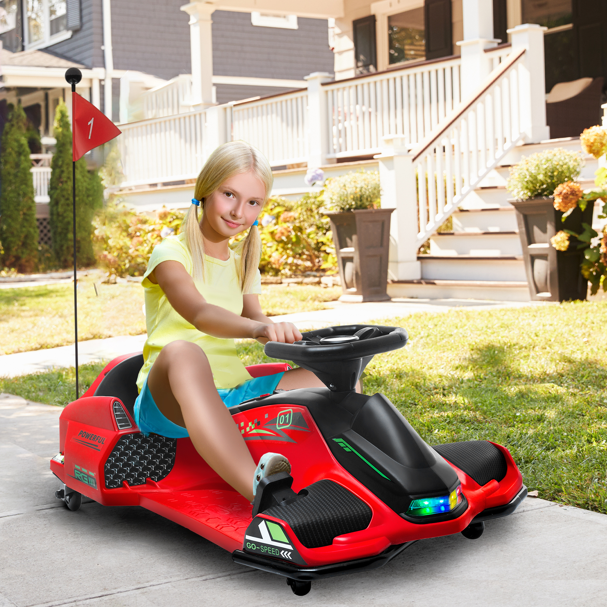 Vaikiškas elektrinis kartingas su dreifo funkcija, 3–8 km/h, raudonas, 90 × 53 × 99 cm