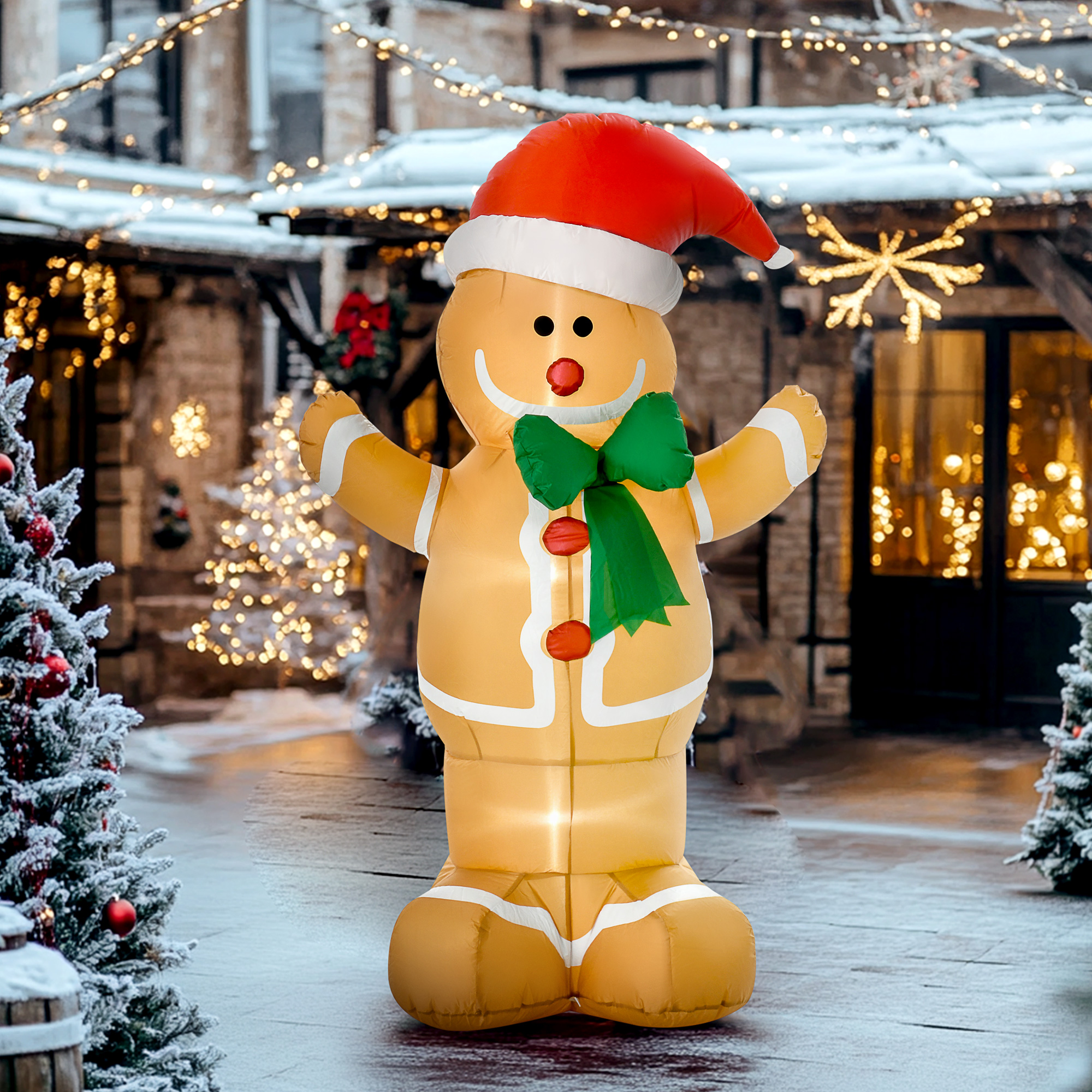 Pripučiama kalėdinė dekoracija meduolinis žmogeliukas su 3 LED, ruda–raudona–žalia, 110 × 70 × 183 cm
