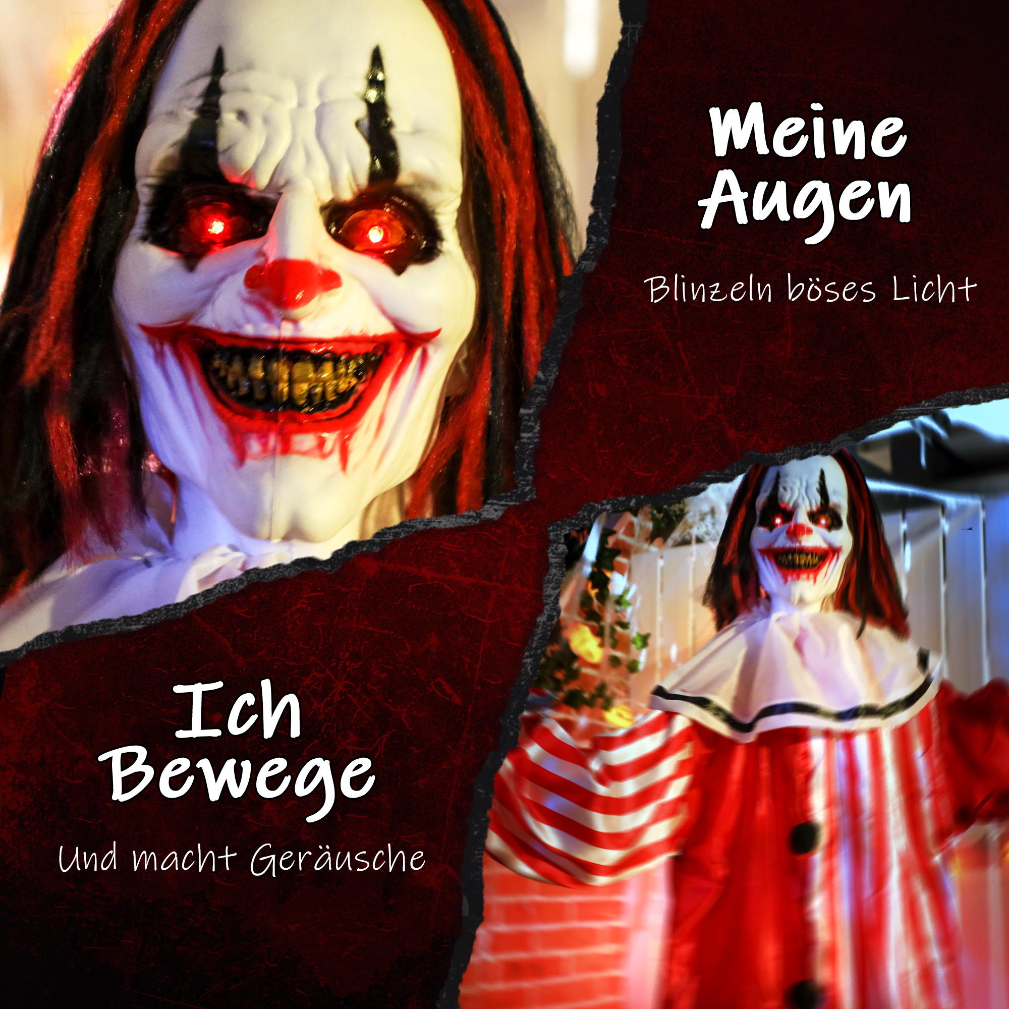 Animatroniska klauna dekorācija ar LED acīm un skaņas aktivēšanu, sarkana/balta, 70 × 16 × 165 cm 3