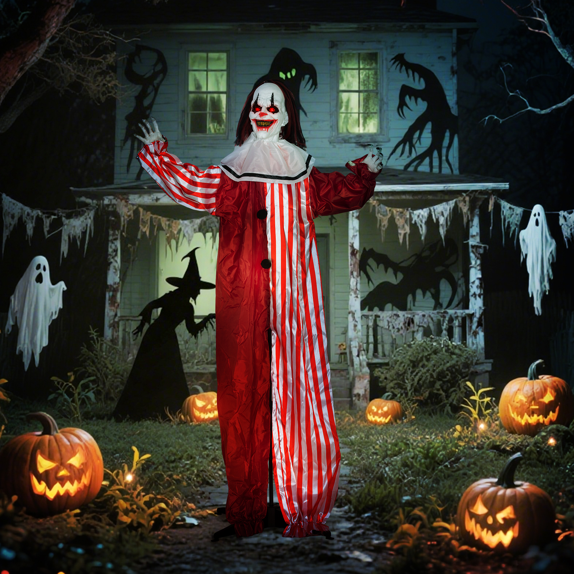 Animatroniska klauna dekorācija ar LED acīm un skaņas aktivēšanu, sarkana/balta, 70 × 16 × 165 cm