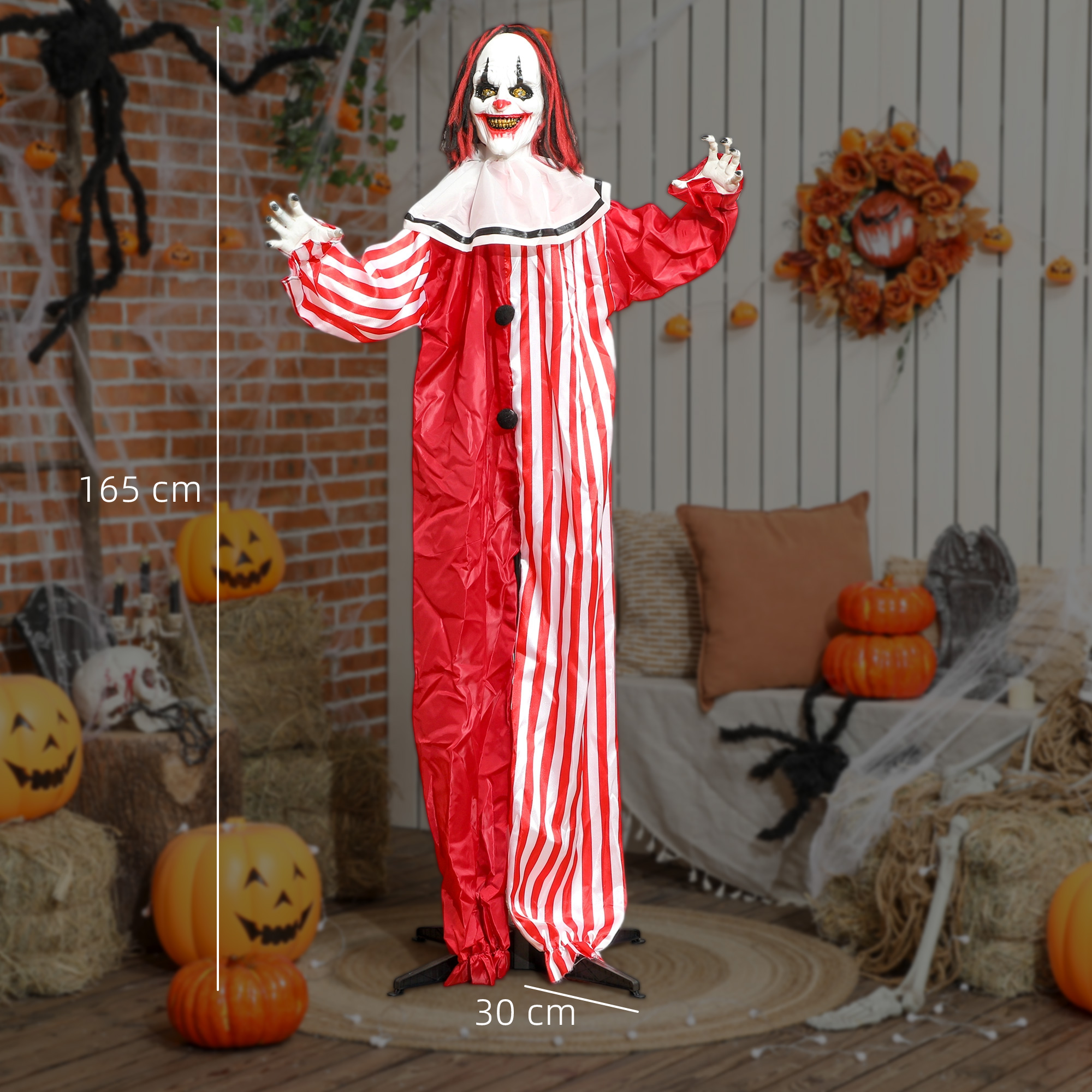 Animatroniska klauna dekorācija ar LED acīm un skaņas aktivēšanu, sarkana/balta, 70 × 16 × 165 cm 2