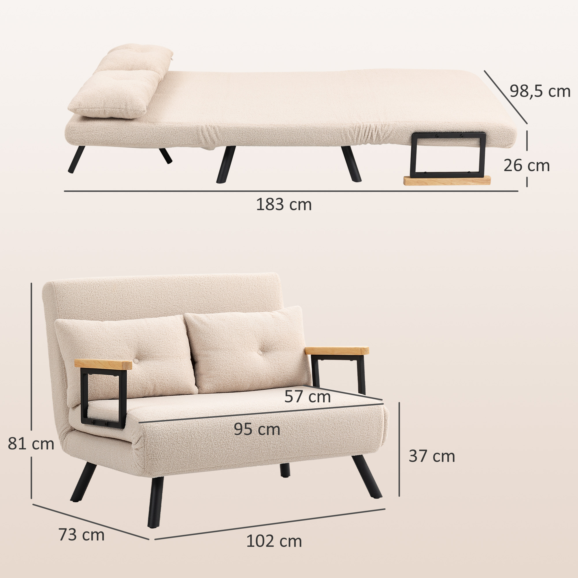Išskleidžiamas fotelis su 5 padėčių atlošu ir plieniniu rėmu, smėlinis, 102 × 73 × 81 cm 2
