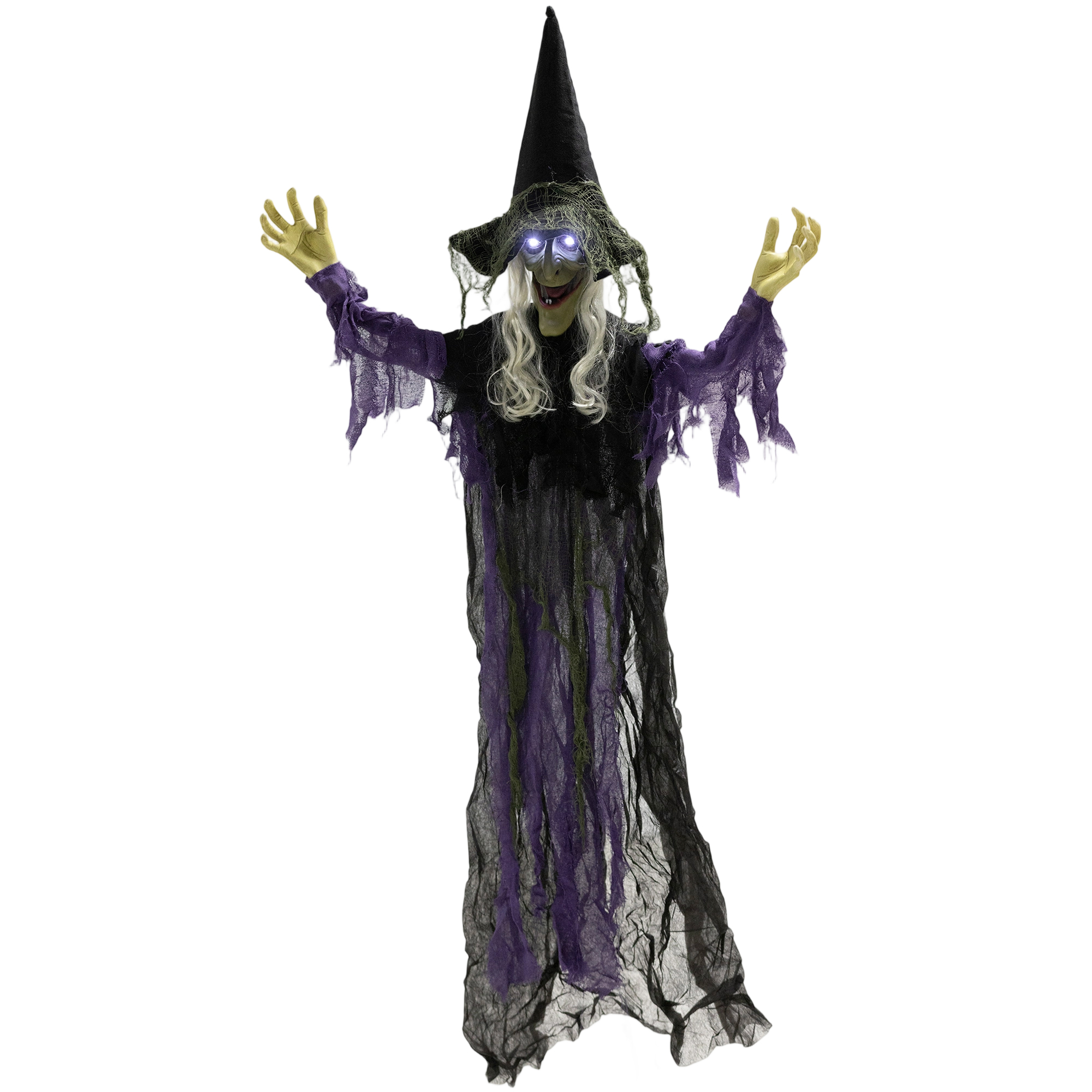 Kabanti animatroninė ragana su LED akimis ir garso funkcija, violetinė, 80 × 15 × 183 cm
