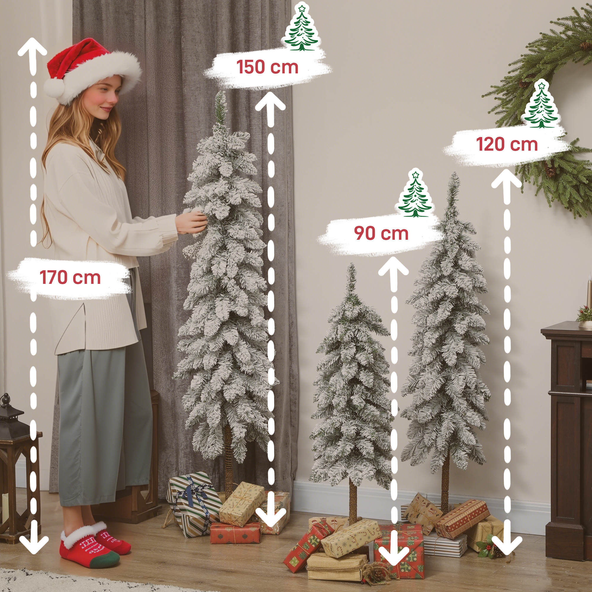 Dirbtinių kalėdinių eglučių rinkinys su apsnigtomis šakomis, žalios ir baltos, 90/120/150 cm, 3 vnt. 2