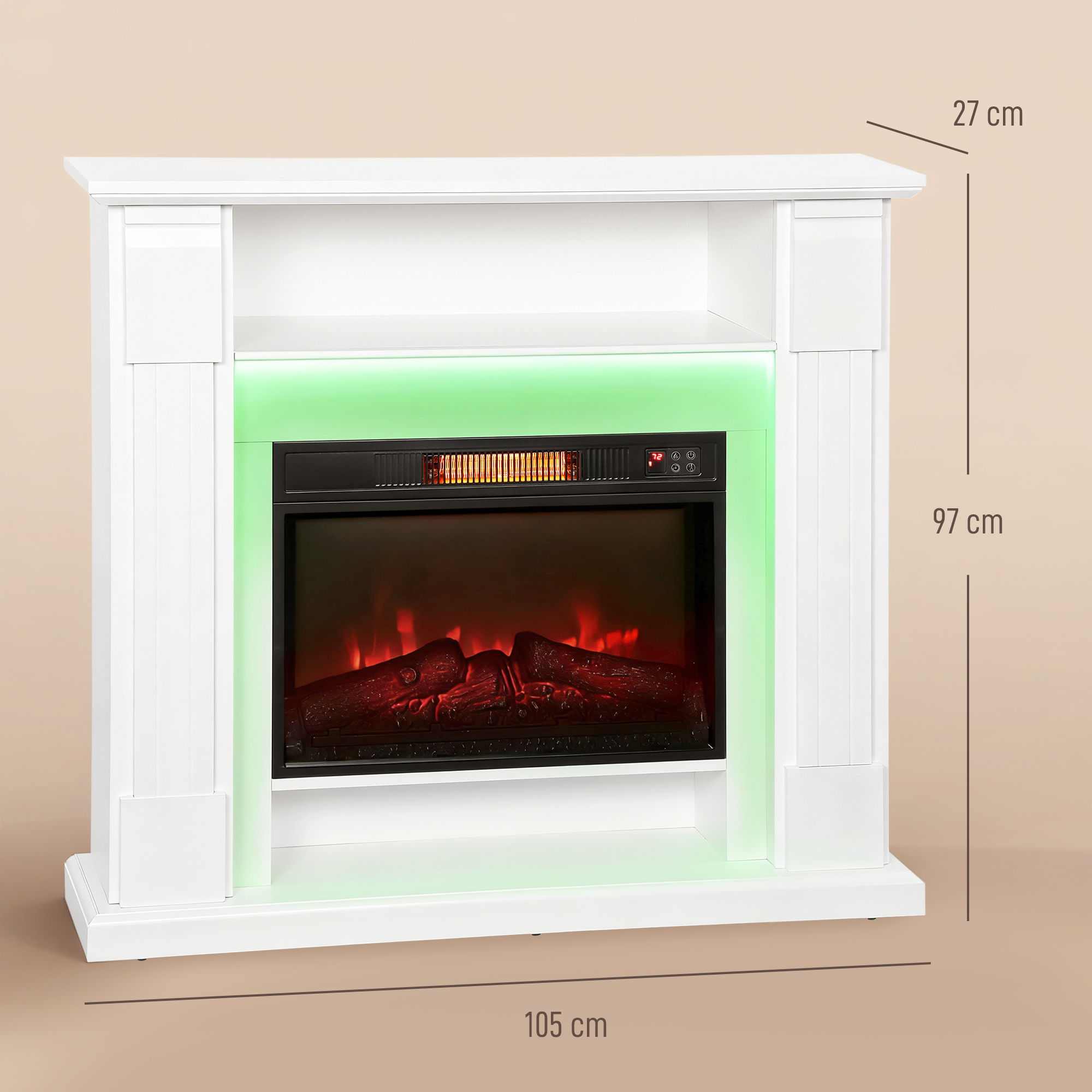 Elektrinis židinys su 3D LED liepsnomis, 1800 W, baltas, 105 × 27 × 97 cm 2