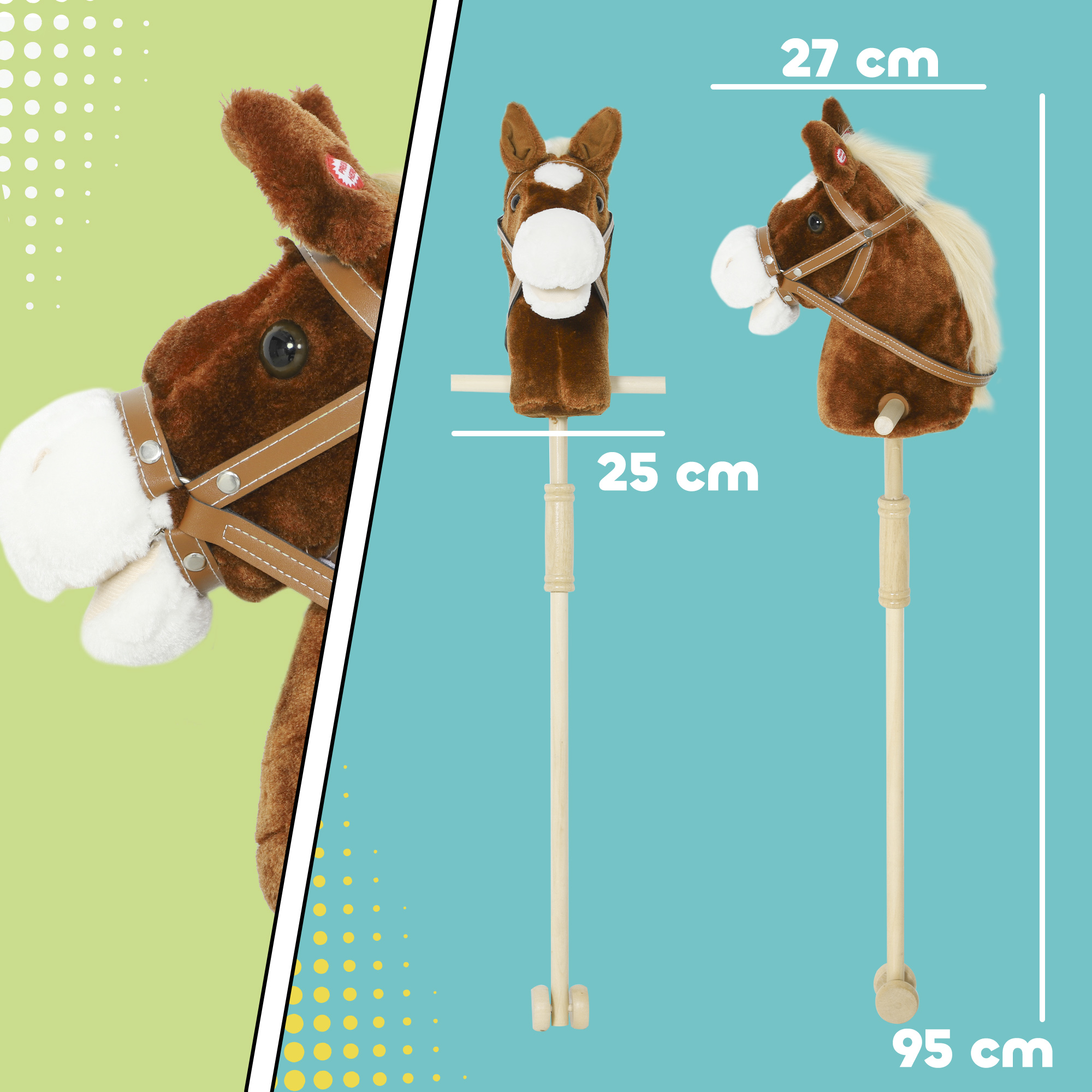 Žaislinis arklys ant lazdos su garso efektais ir ratukais, rudas, 95 × 25 × 27 cm 2