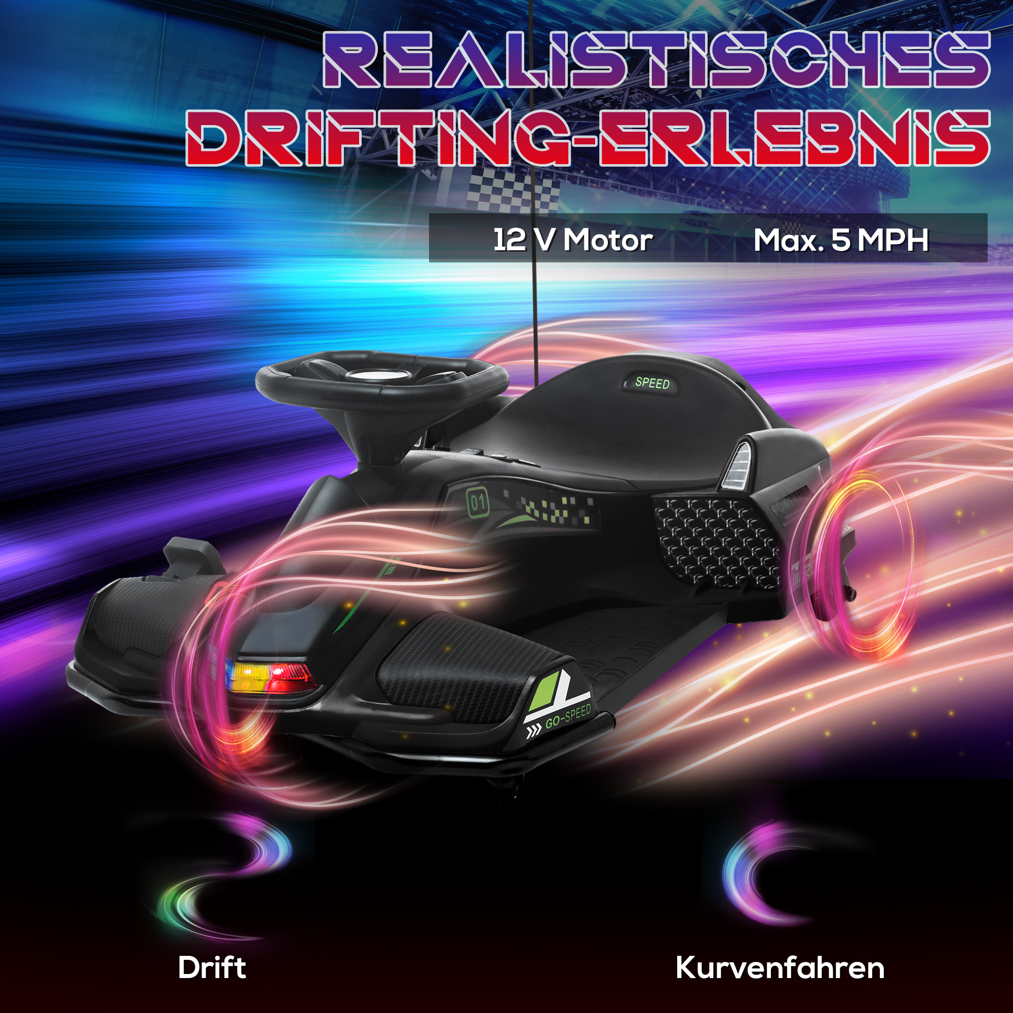 Elektriskais bērnu kartings ar drifta funkciju, 3–8 km/h, melns, 90 × 53 × 99 cm 3