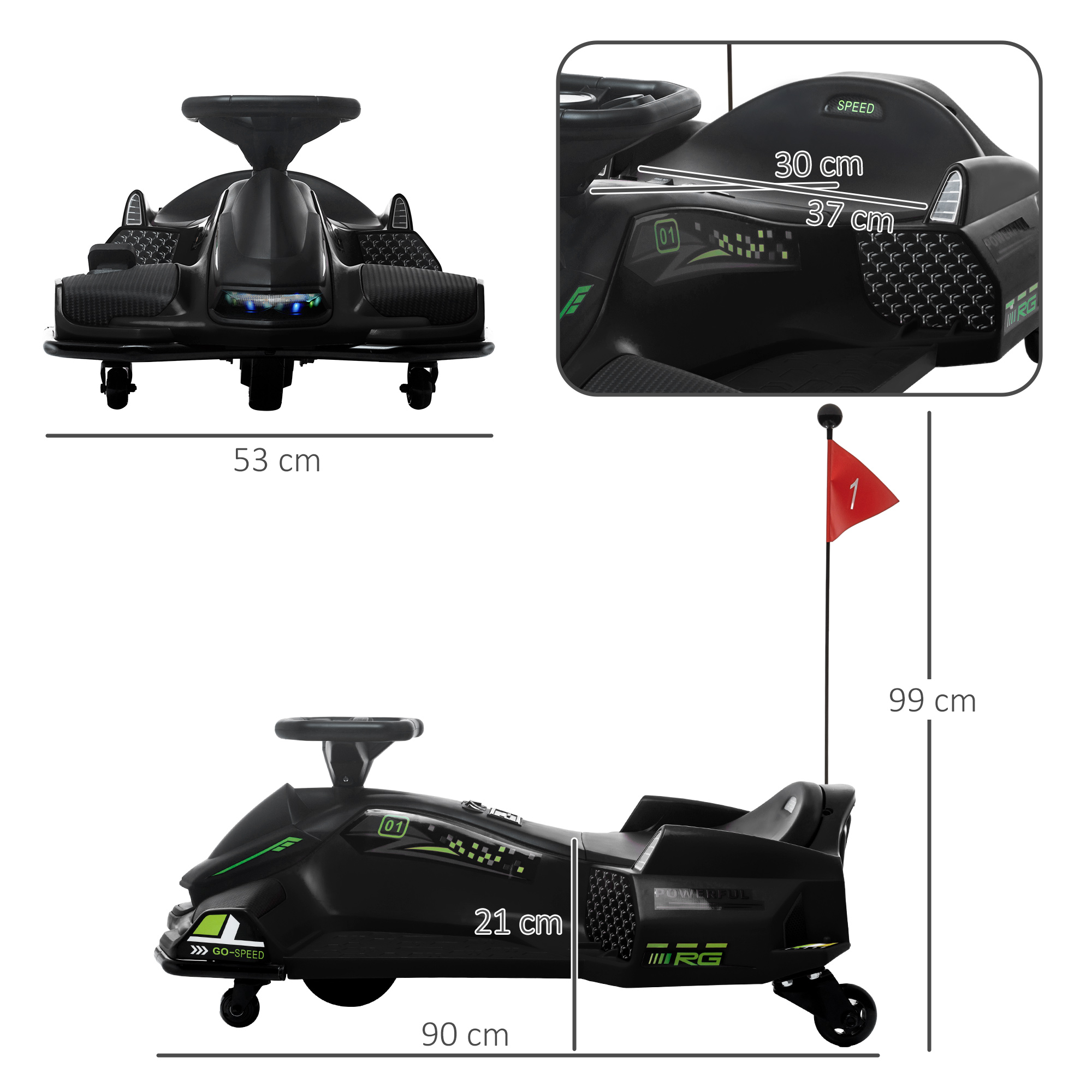 Elektriskais bērnu kartings ar drifta funkciju, 3–8 km/h, melns, 90 × 53 × 99 cm 2