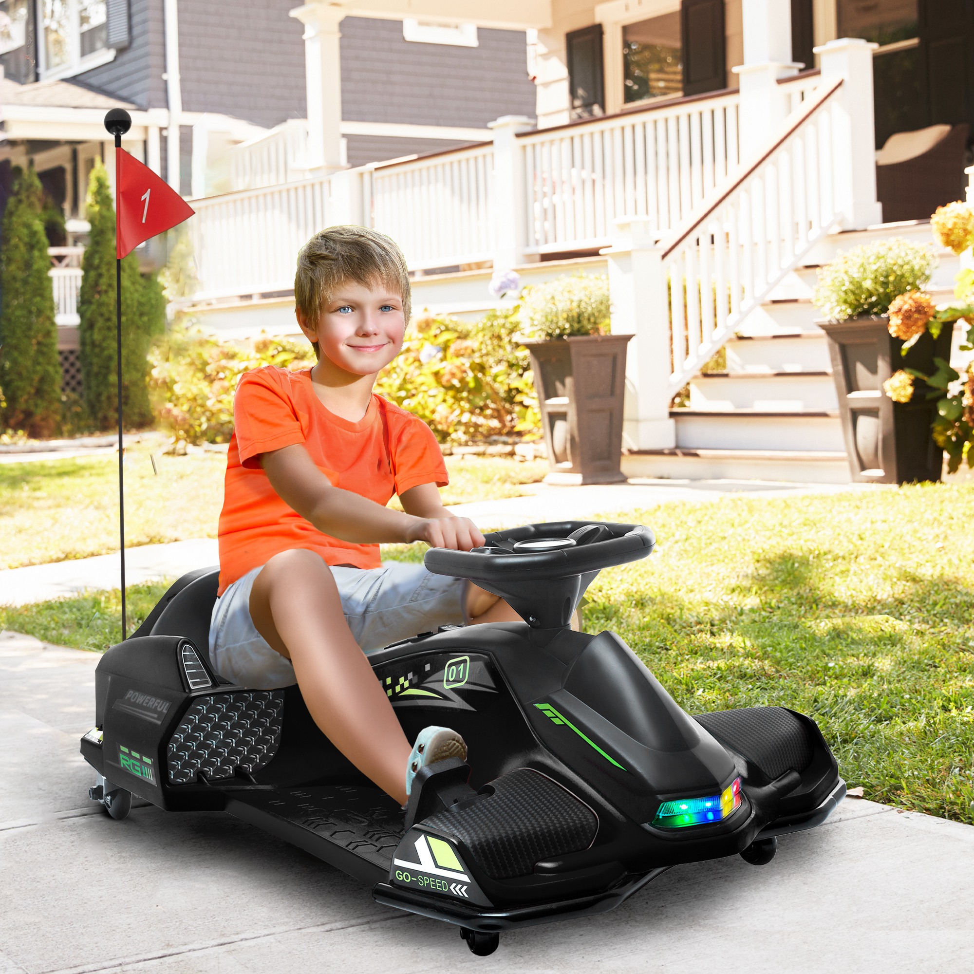 Elektriskais bērnu kartings ar drifta funkciju, 3–8 km/h, melns, 90 × 53 × 99 cm