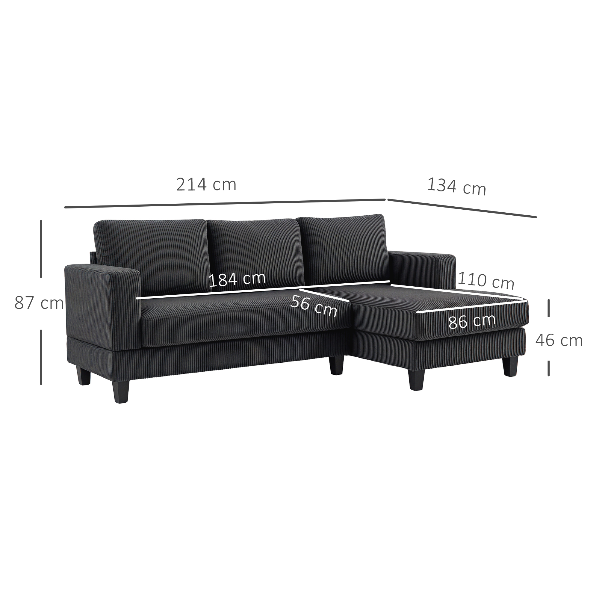 Kampinė sofa 3 vietų, tamsiai pilka, 214 × 134 × 87 cm 2