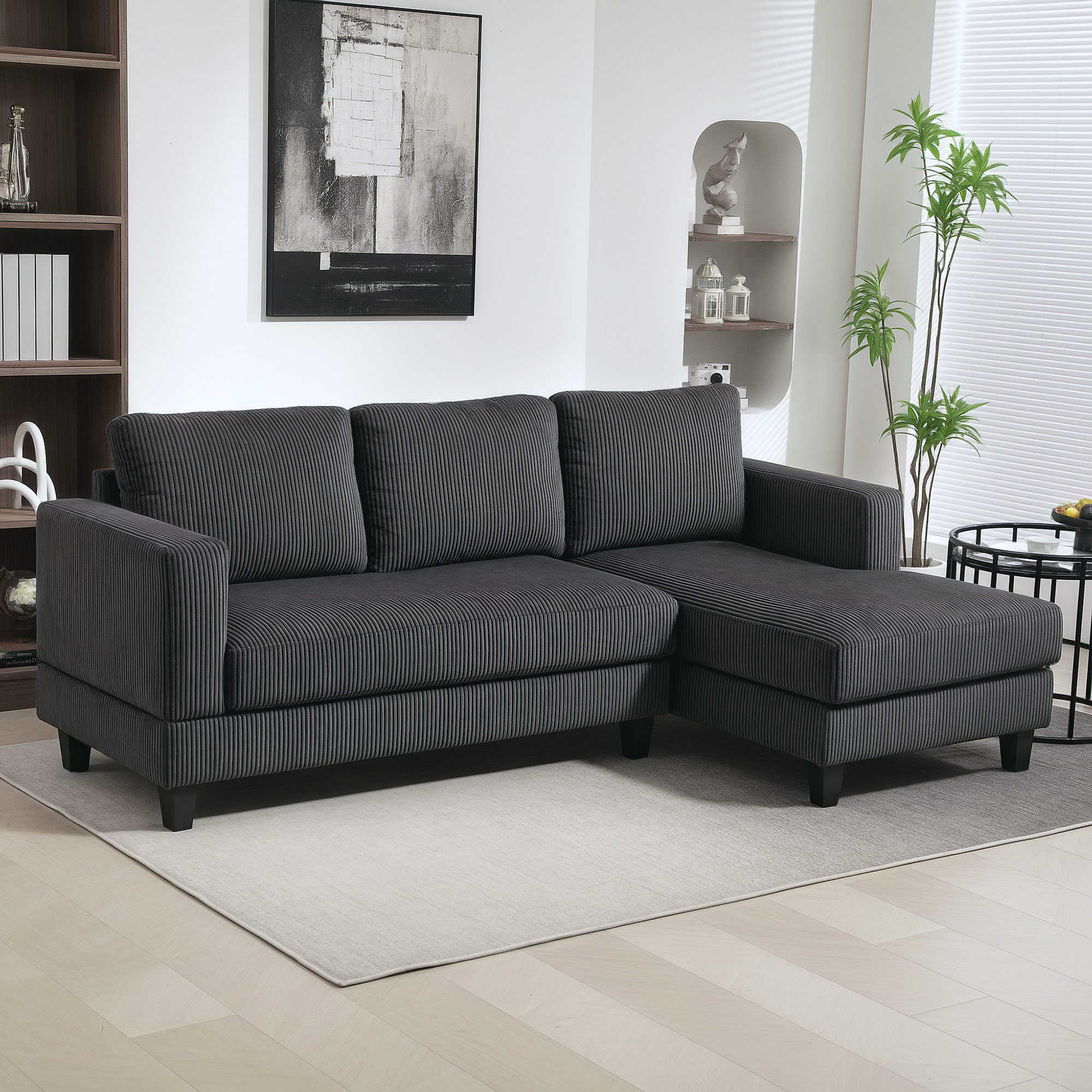 Kampinė sofa 3 vietų, tamsiai pilka, 214 × 134 × 87 cm