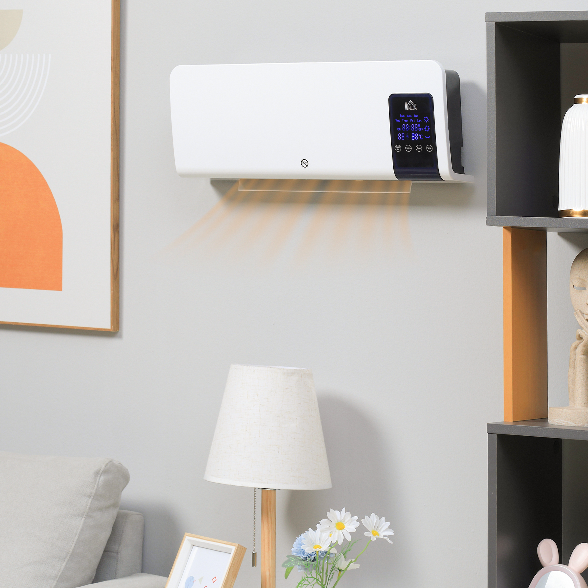 Sieninis elektrinis šildytuvas su PTC kaitinimo elementu ir svyravimo funkcija, baltas, 54,5 × 12 × 21,5 cm