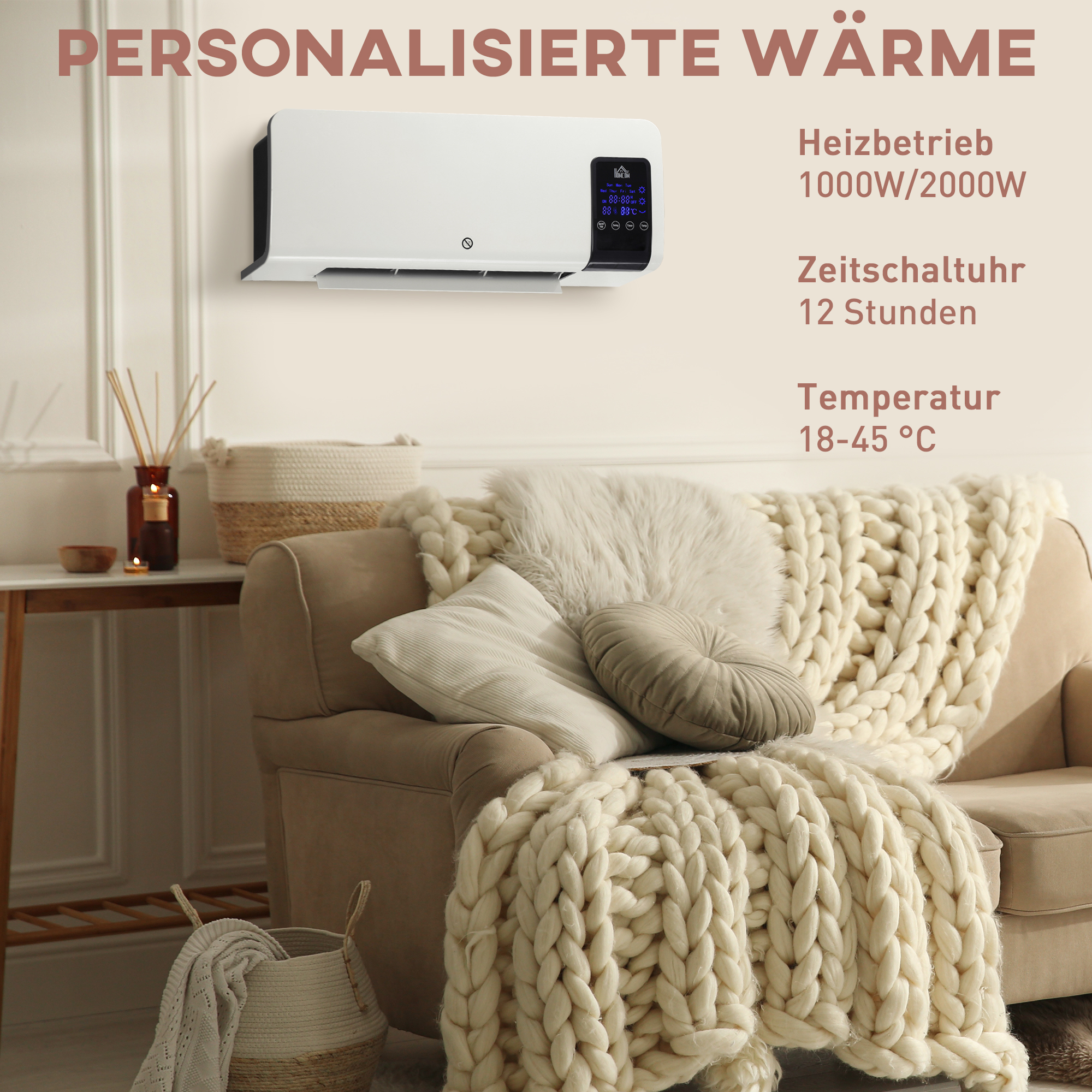 Sieninis elektrinis šildytuvas su PTC kaitinimo elementu ir svyravimo funkcija, baltas, 54,5 × 12 × 21,5 cm 3
