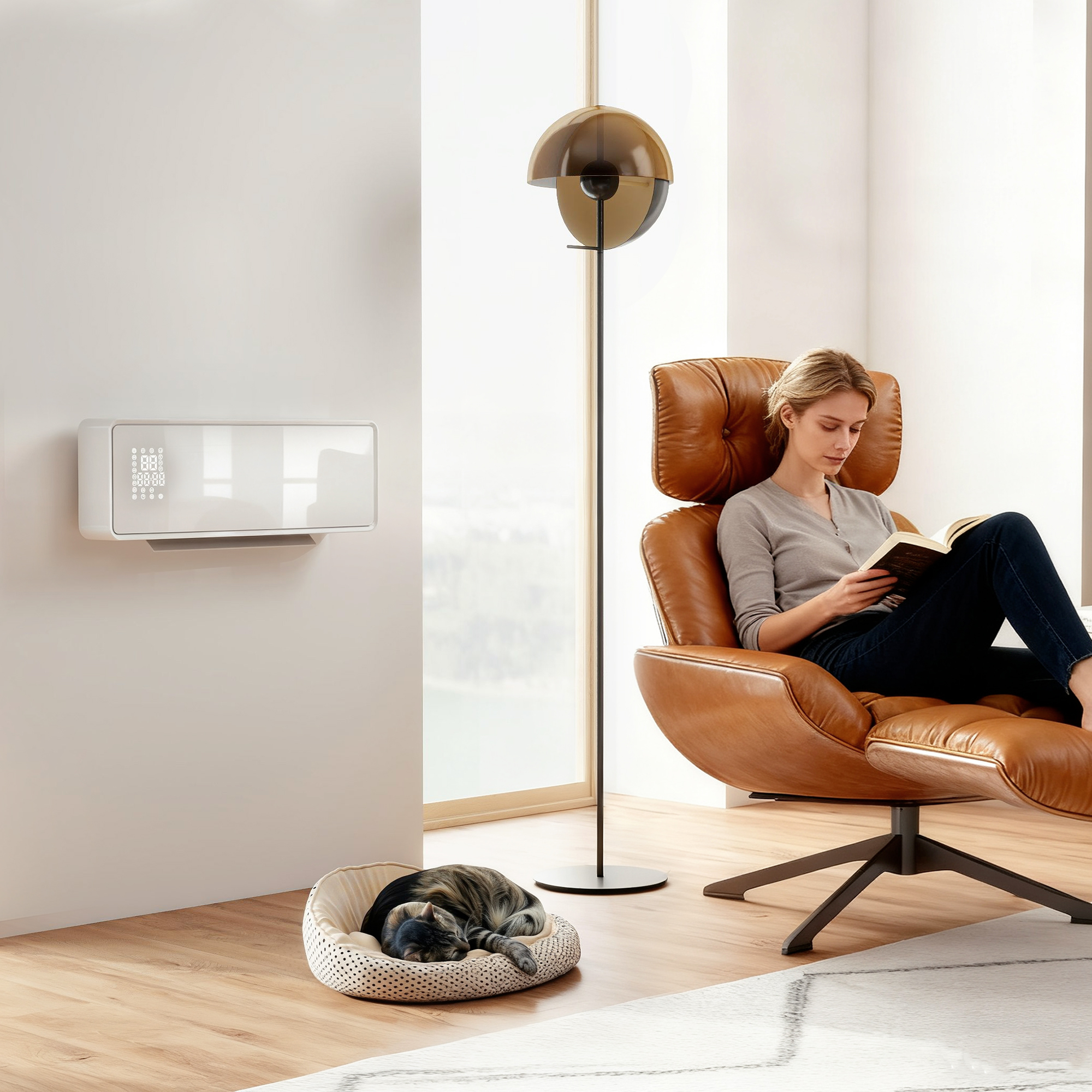 Sieninis elektrinis šildytuvas su PTC keraminiu kaitinimo elementu ir nuotolinio valdymo pultu, baltas, 54 × 18,7 × 12,3 cm